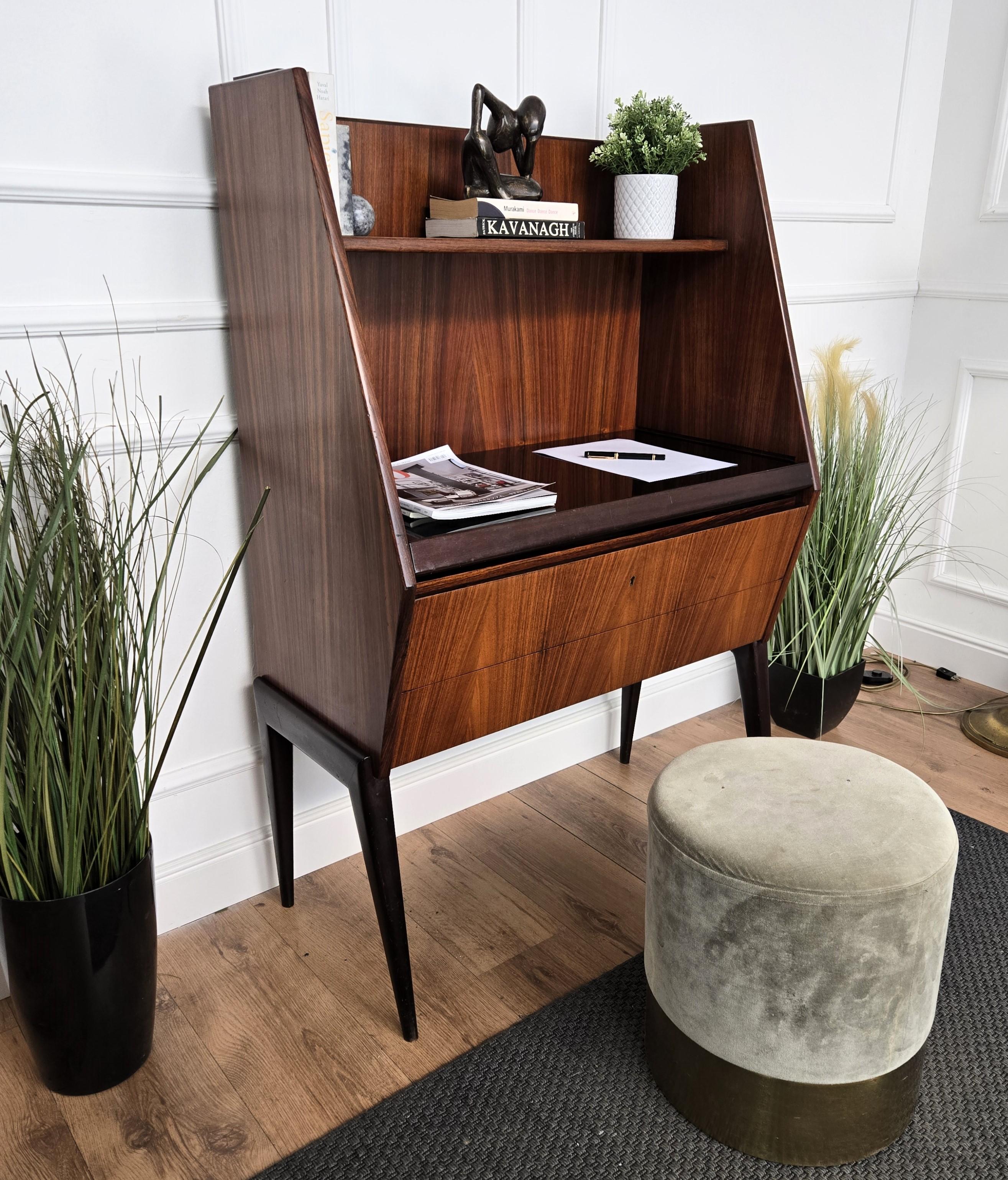 Wood Mid-Century Italian Walnut Sliding Glass Top Secretary Tall Desk Writing Table For Sale