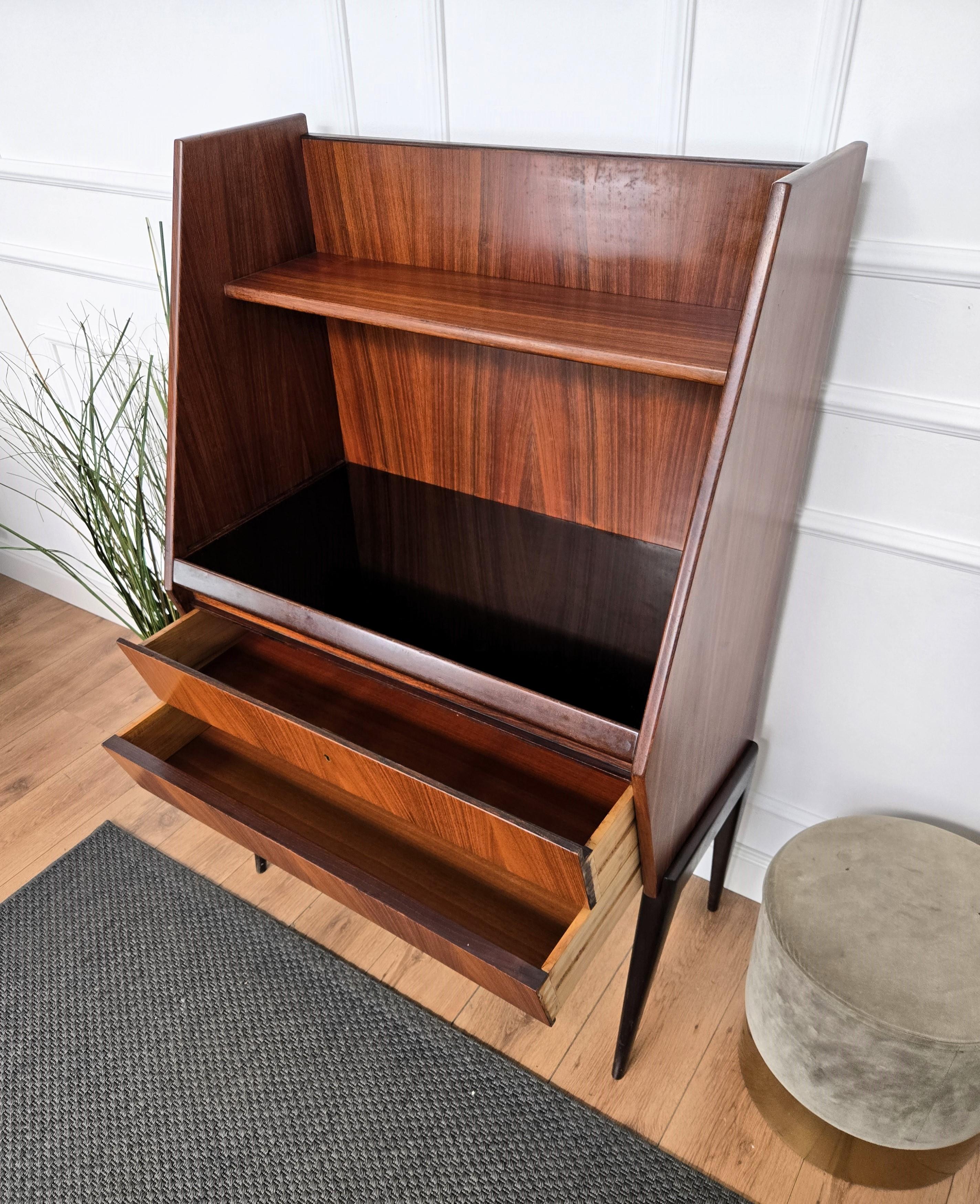 Mid-Century Italian Walnut Sliding Glass Top Secretary Tall Desk Writing Table For Sale 1