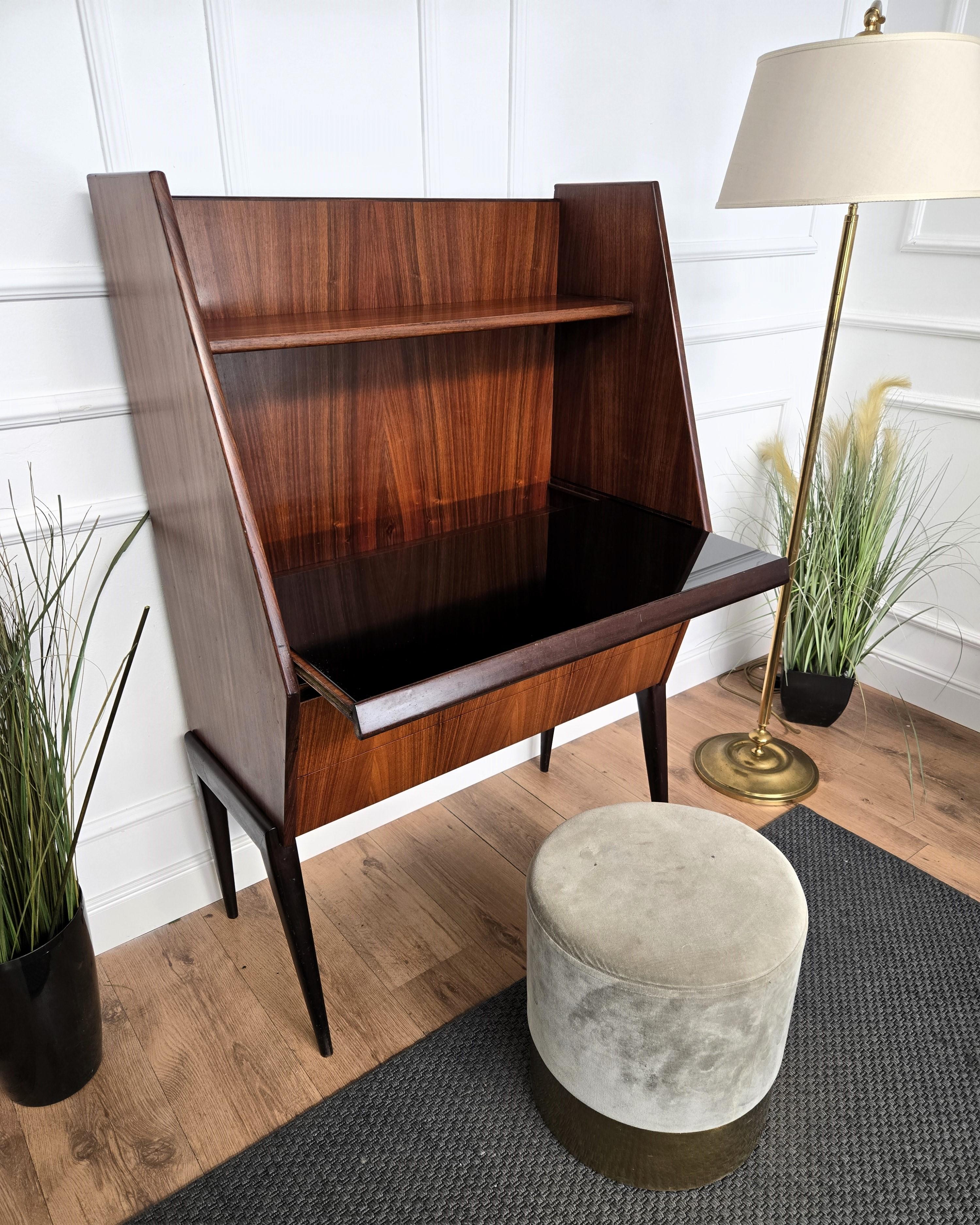 Mid-Century Italian Walnut Sliding Glass Top Secretary Tall Desk Writing Table For Sale 2