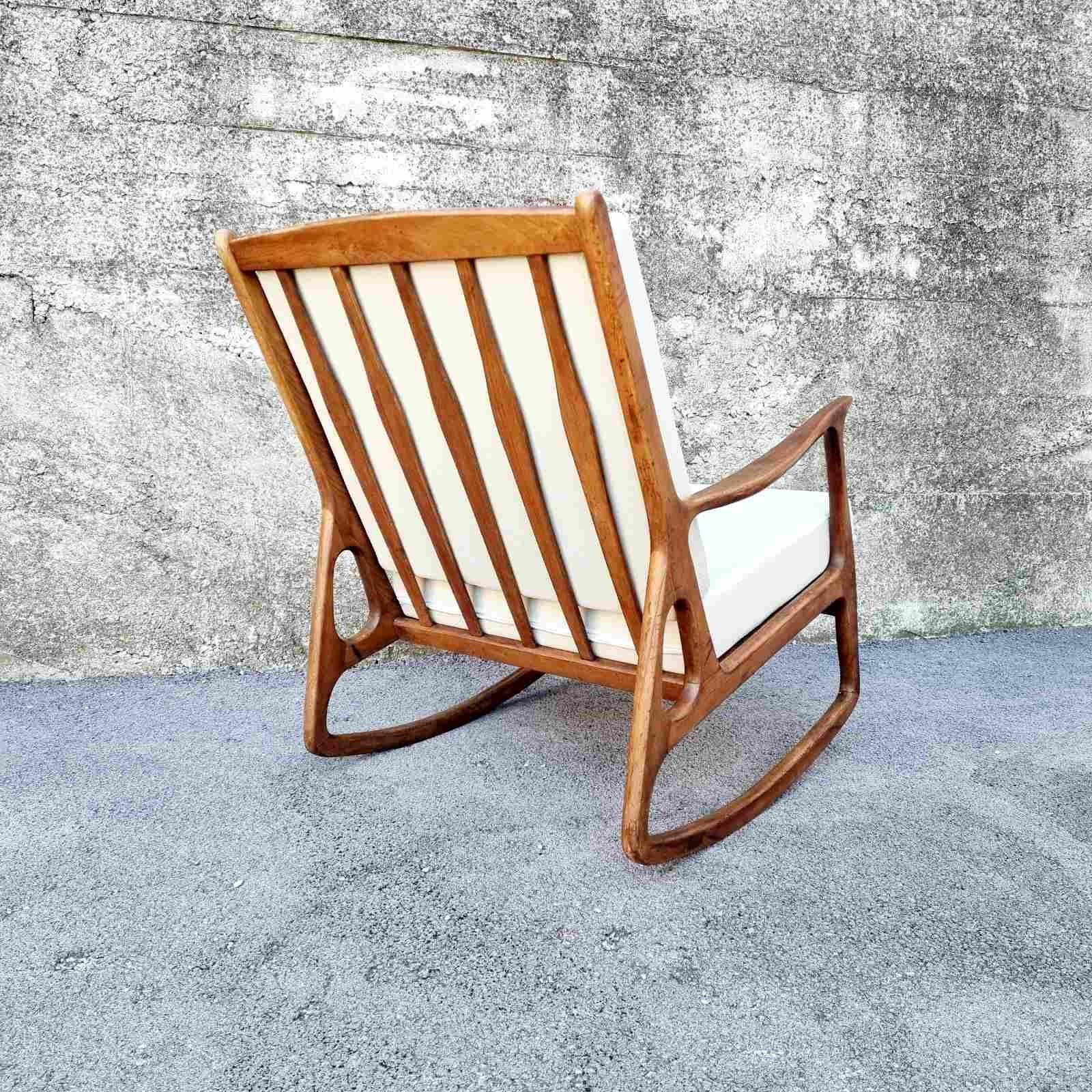Fabric Mid Century Italian Walnut Wood Rocking Chair, Italy 60s