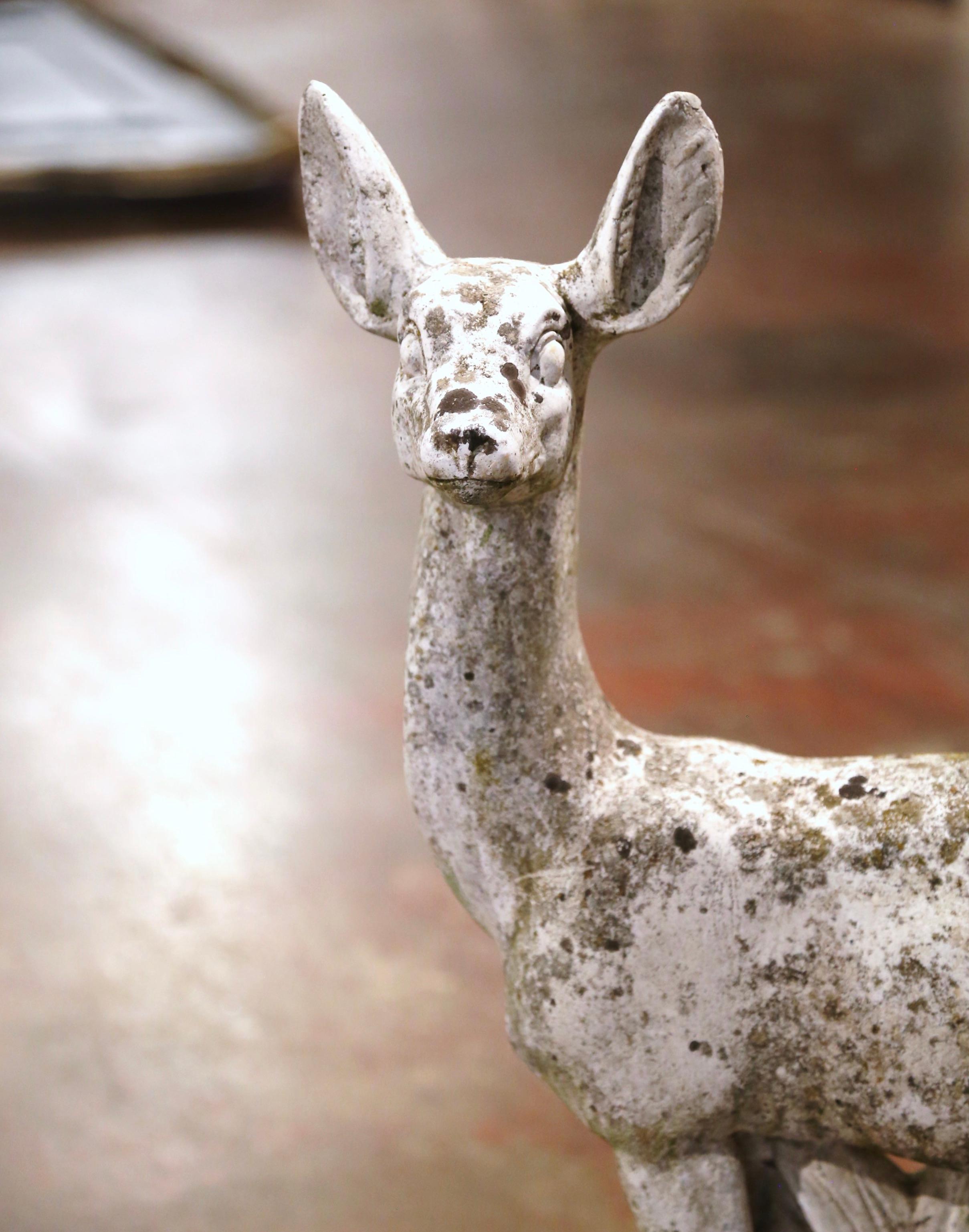 Hand-Crafted Mid Century Italian Weathered Carved Stone Deer Sculpture Garden Statuary