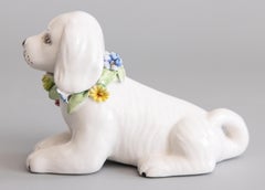 Mid-Century Italian White Majolica Dog With Flower Wreath