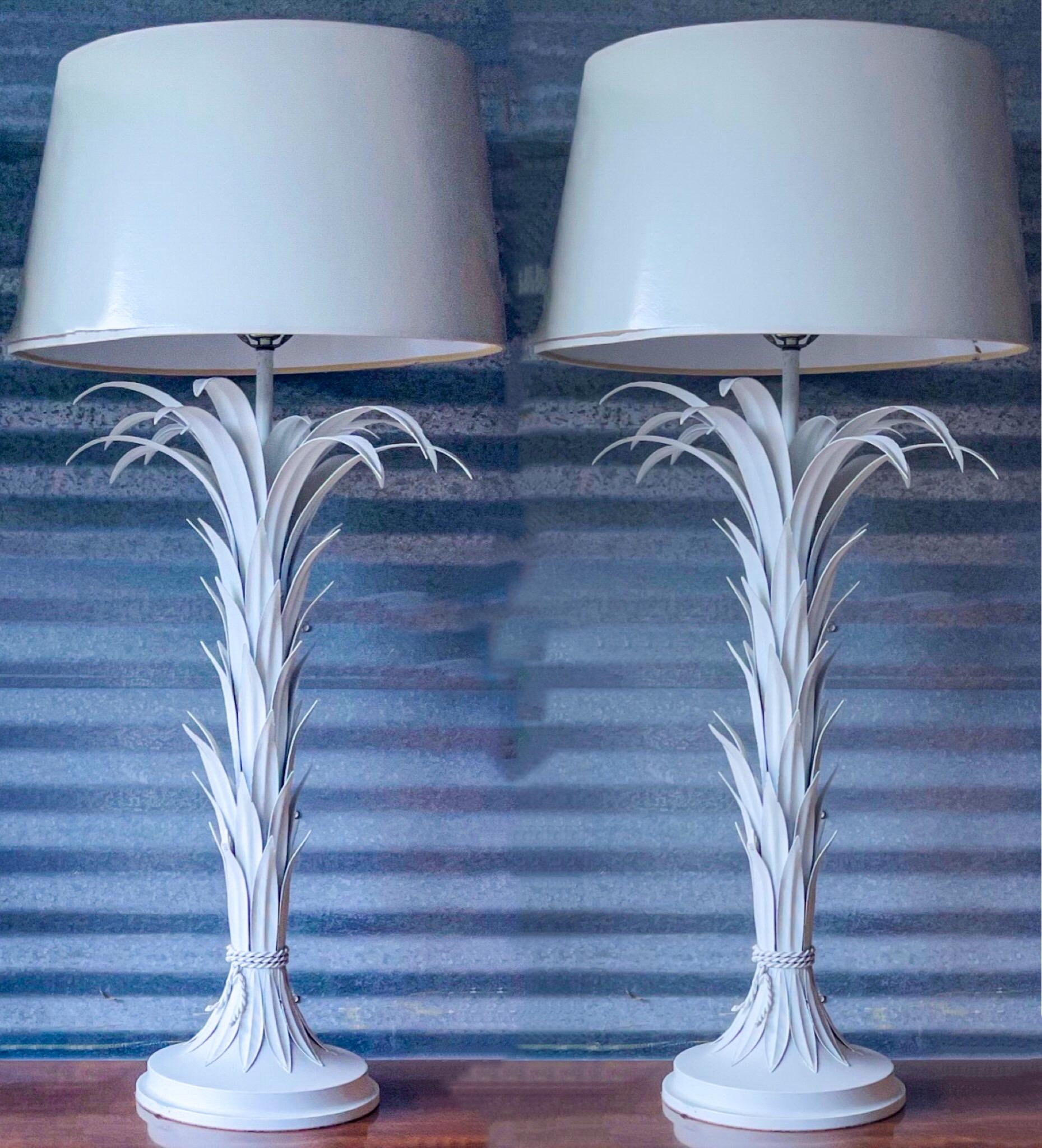 This is a pair of mid-century Italian Serge Roche inspired white tole palm lamps. They have a great look! The shades,however, are in very poor shape. I won’t include them unless requested. Base is 9” in diameter. They are unmarked.