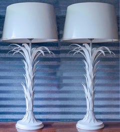 Mid-Century Italian White Serge Roche Inspired Tole Metal Palm Lamps, Pair