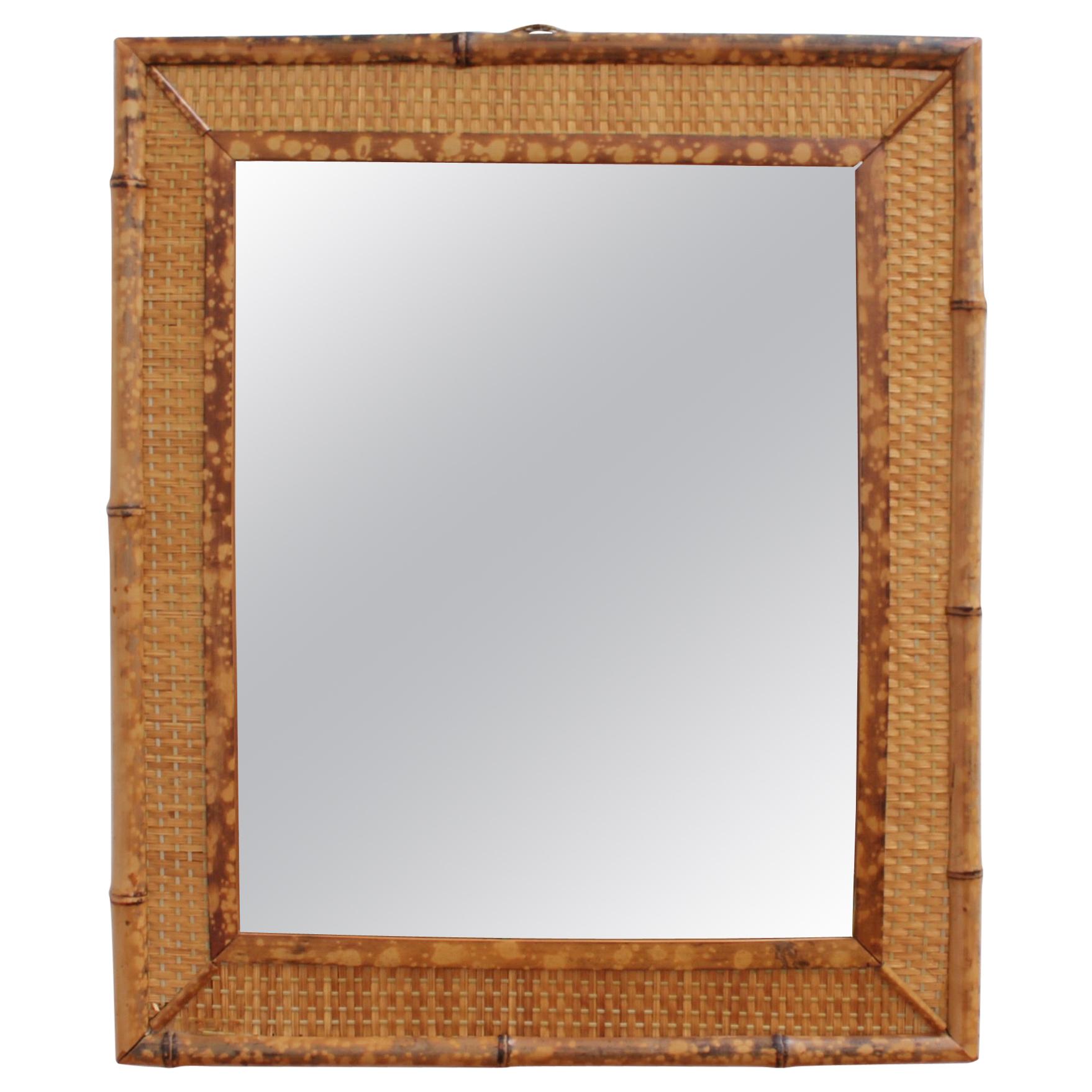 MidCentury Italian Wicker and Rattan Rectangular Wall Mirror 'circa