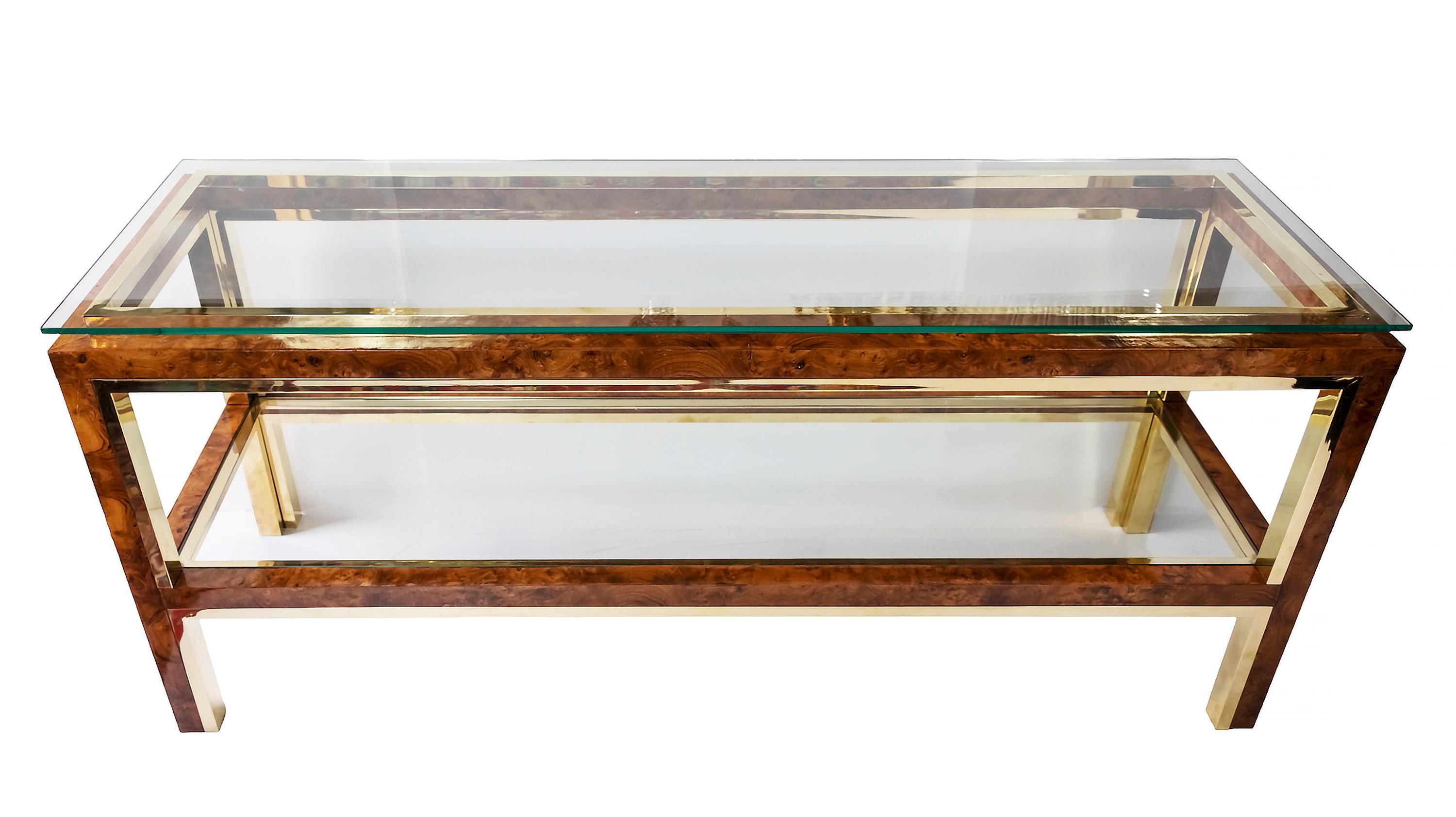 Mid-Century Modern Mid-Century Italian Willy Rizzo Burl, Brass Console Table 1970's