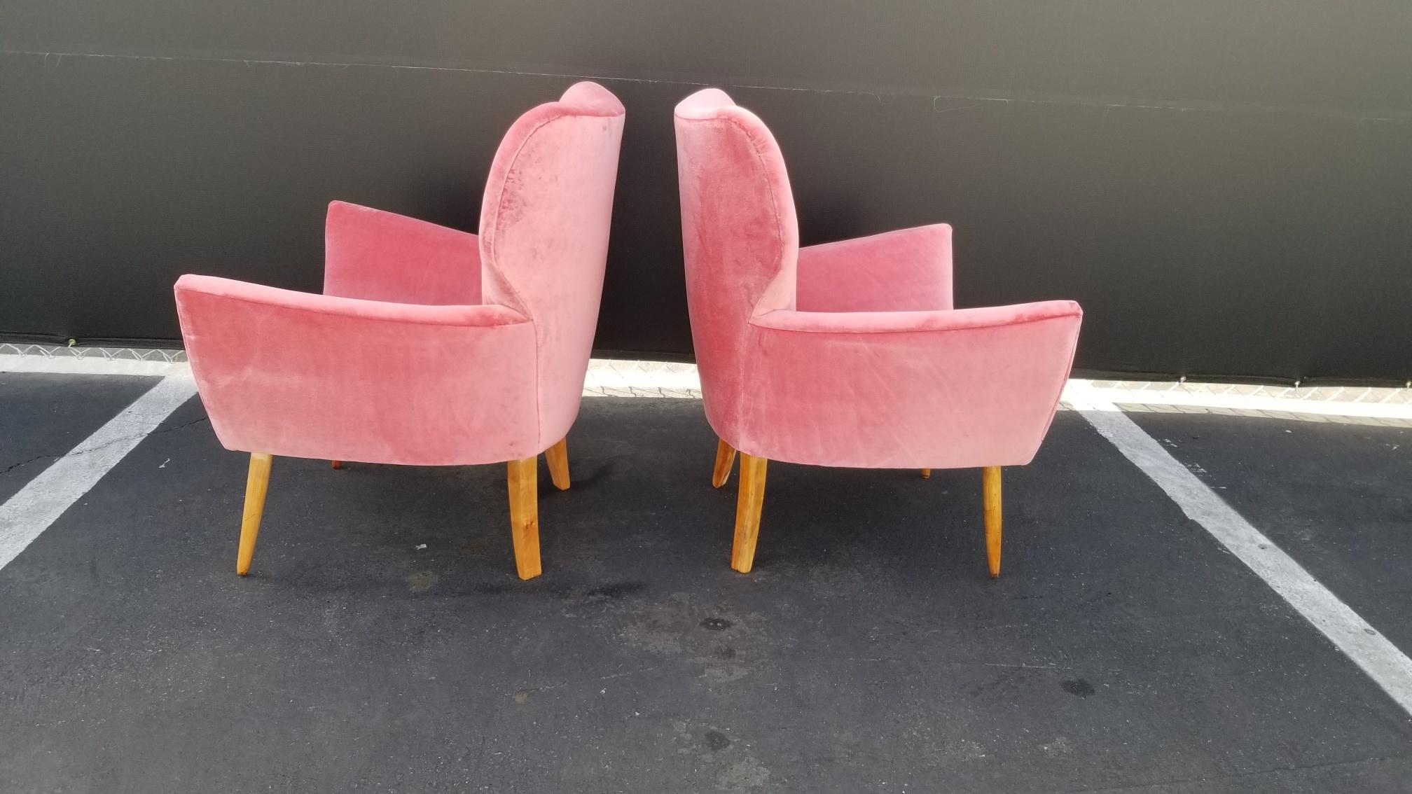 Velvet Midcentury Italian Wing-Shaped Side Chairs