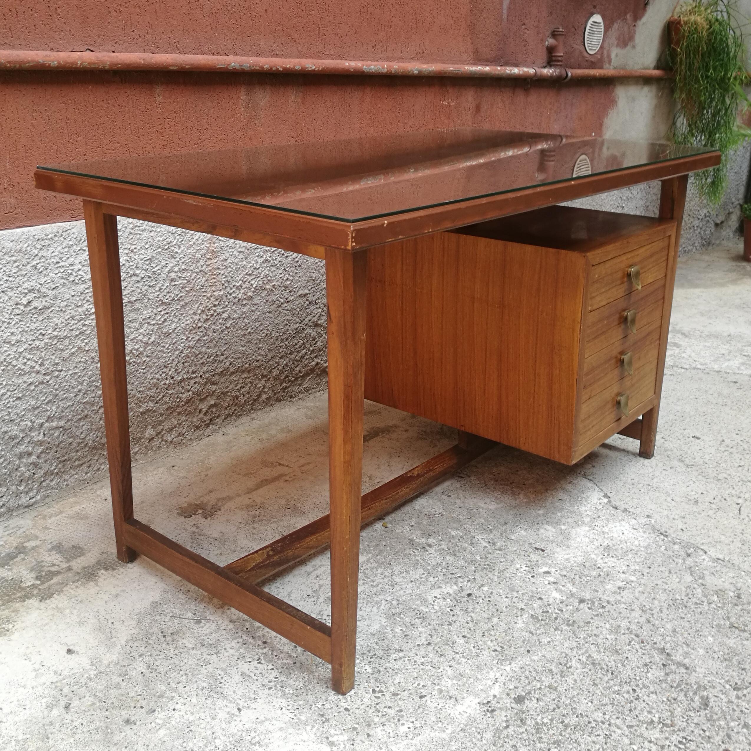 Mid-Century Modern Midcentury Italian, Wood and Brass Desk with Glass Top, 1960s