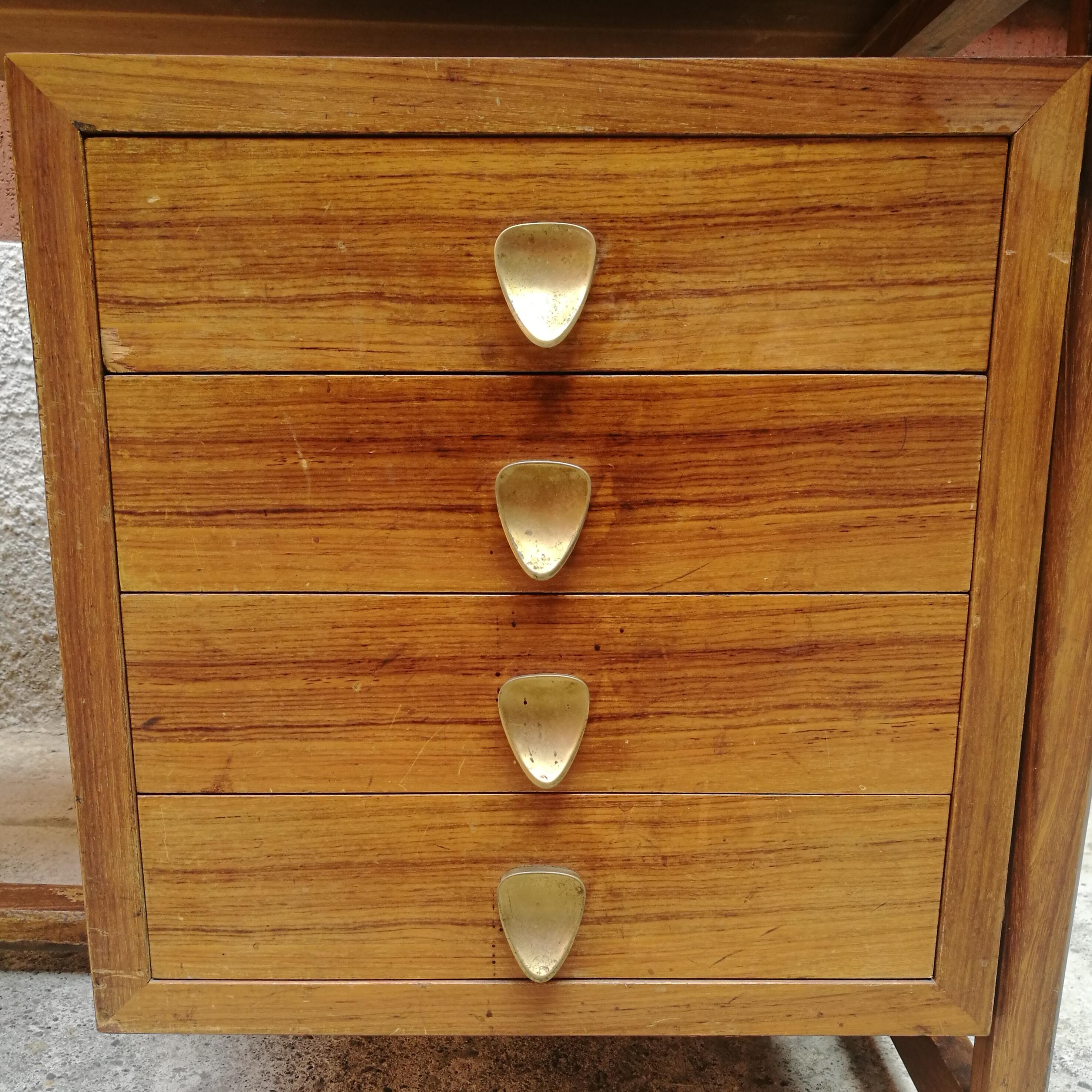 Midcentury Italian, Wood and Brass Desk with Glass Top, 1960s 1