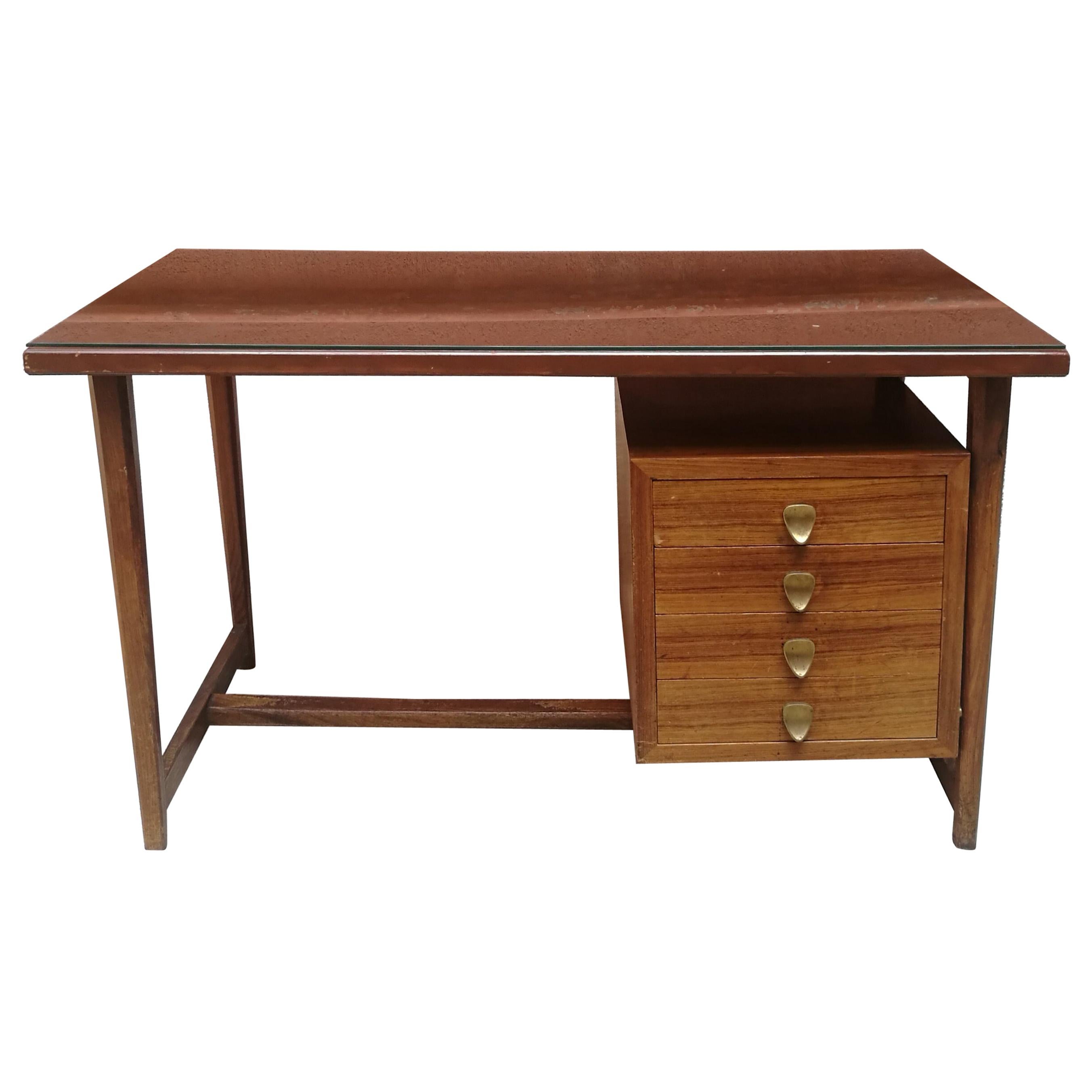 Midcentury Italian, Wood and Brass Desk with Glass Top, 1960s