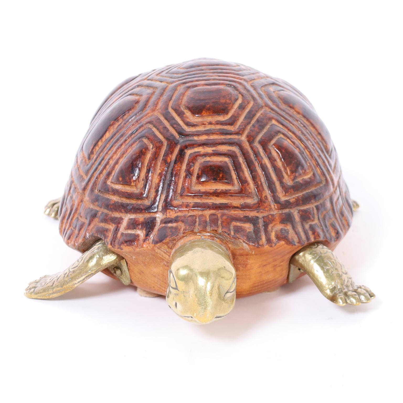 British Colonial Mid-Century Italian Wood and Brass Turtle or Tortoise