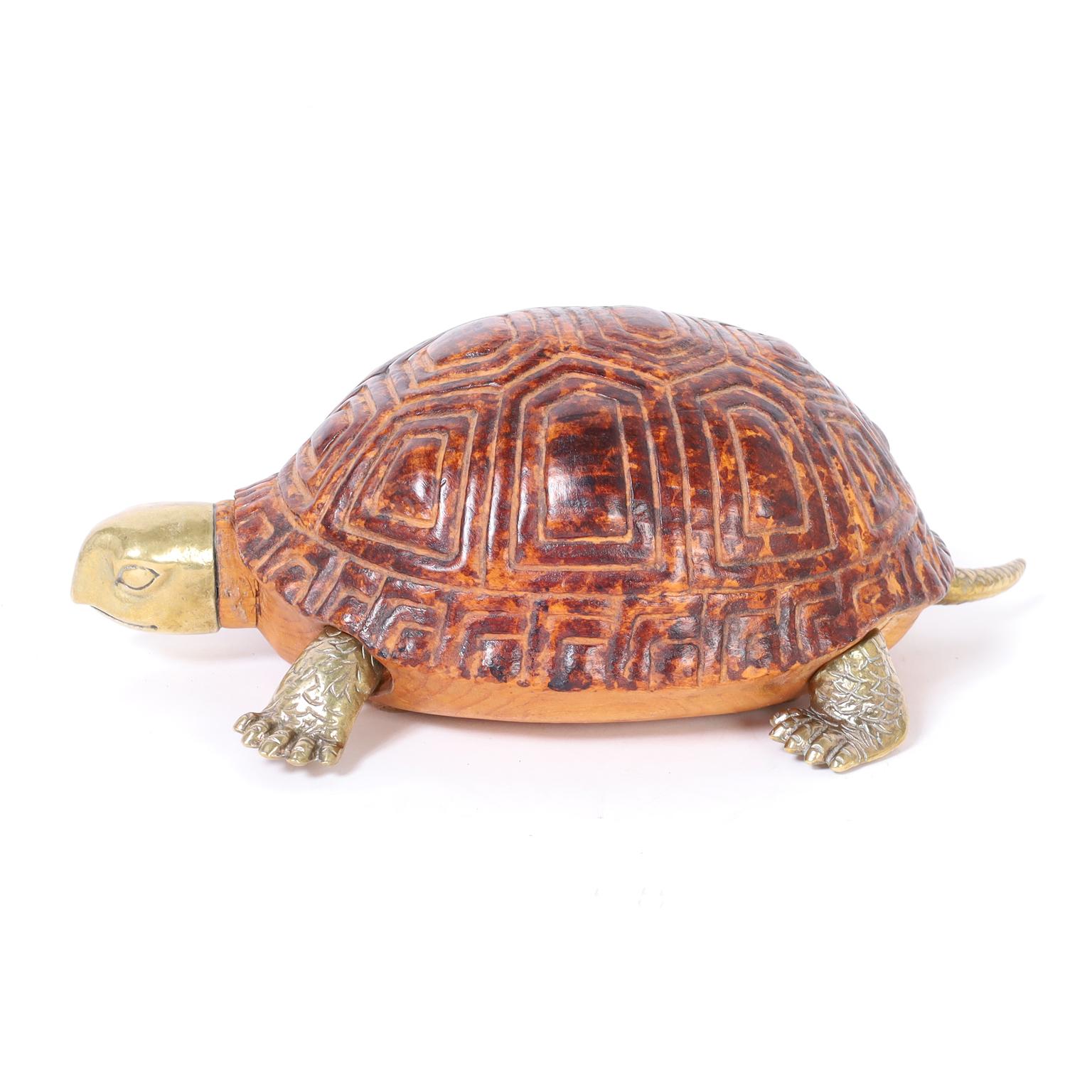 Carved Mid-Century Italian Wood and Brass Turtle or Tortoise