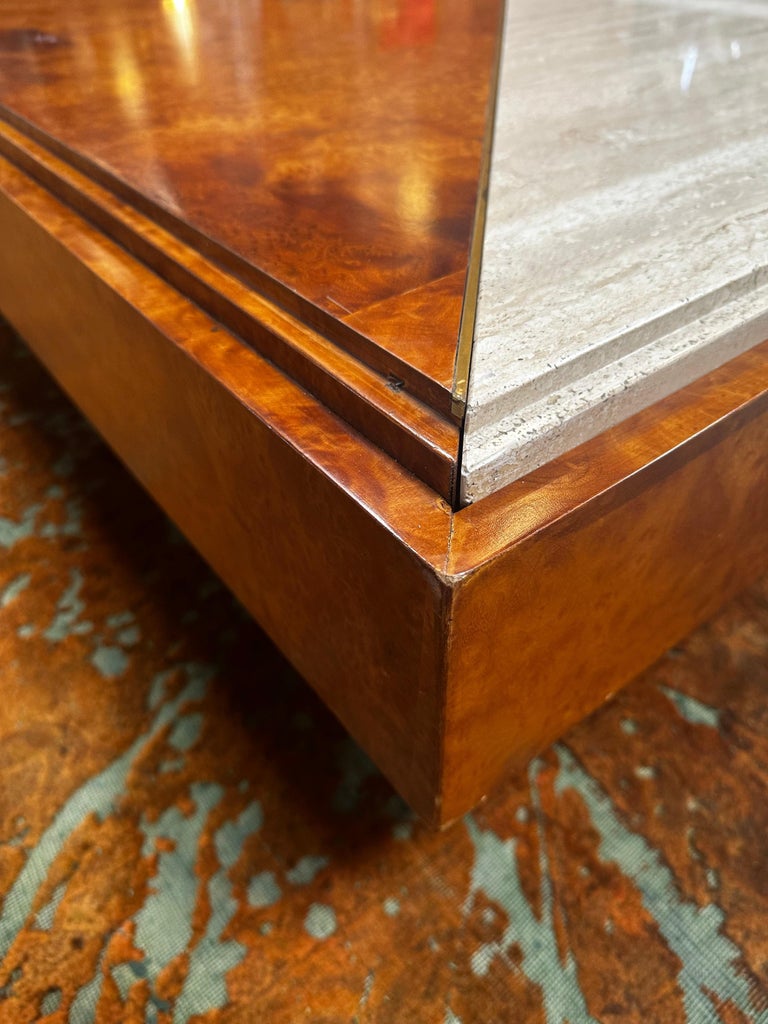 MidCentury Italian Wood and Marble Square Coffee Table, 1970s For Sale