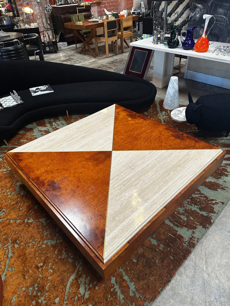MidCentury Italian Wood and Marble Square Coffee Table, 1970s For Sale