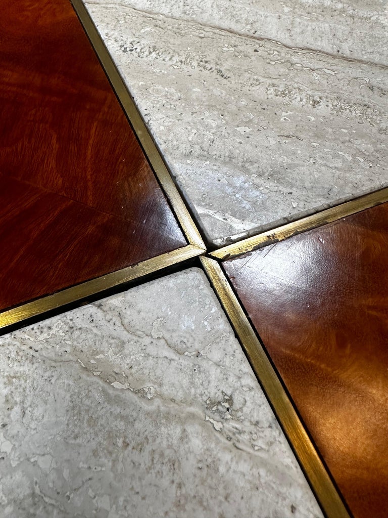 MidCentury Italian Wood and Marble Square Coffee Table, 1970s For Sale