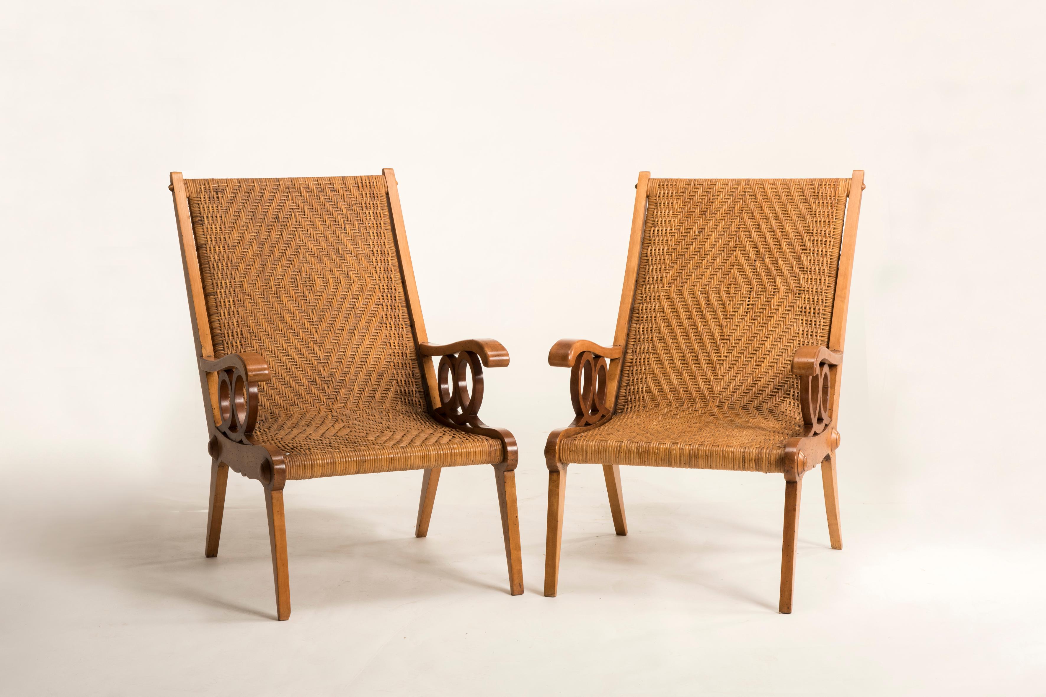 Midcentury Italian Wood and Original Woven Wicker Armchairs, Set of Two 5