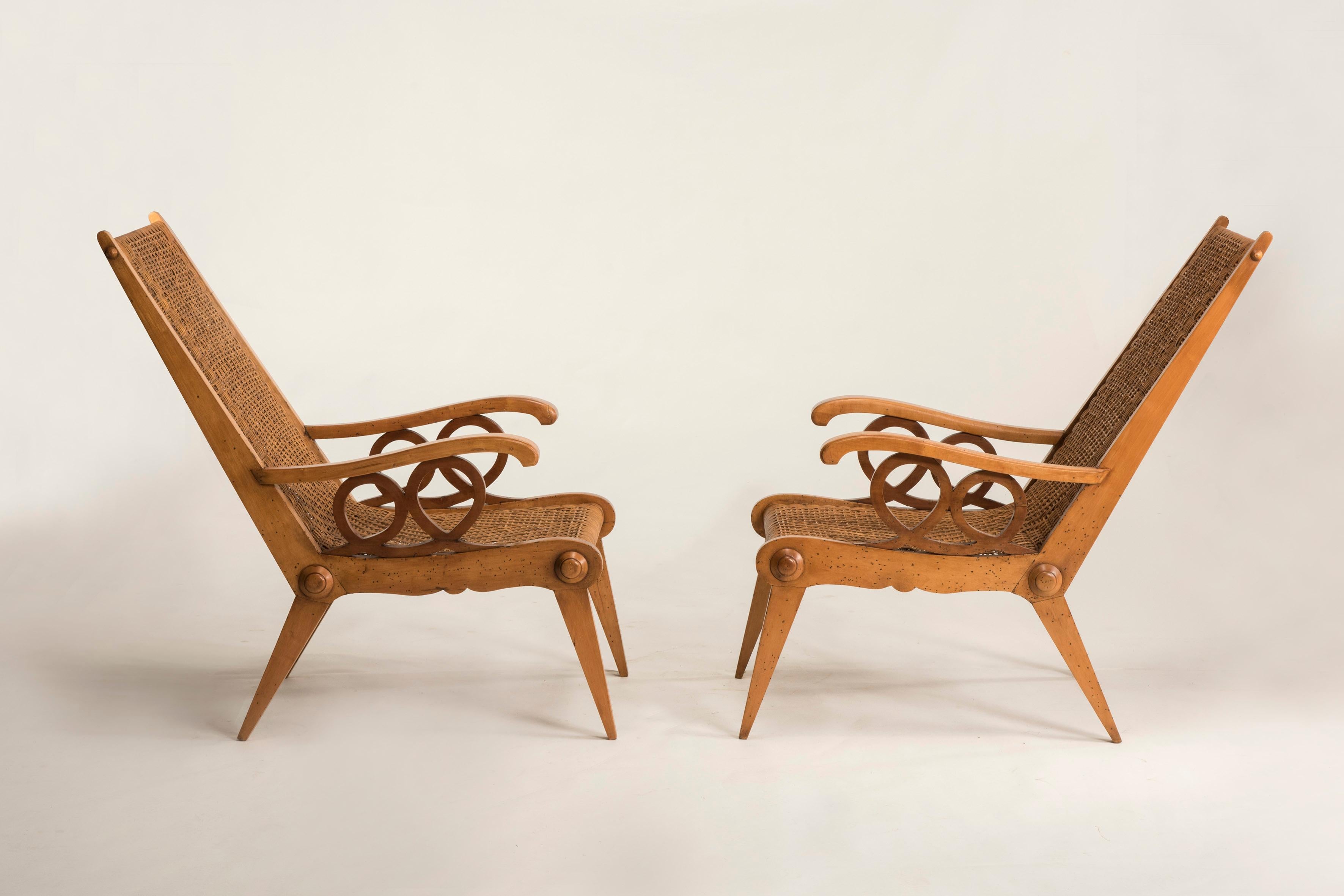 Modern Midcentury Italian Wood and Original Woven Wicker Armchairs, Set of Two