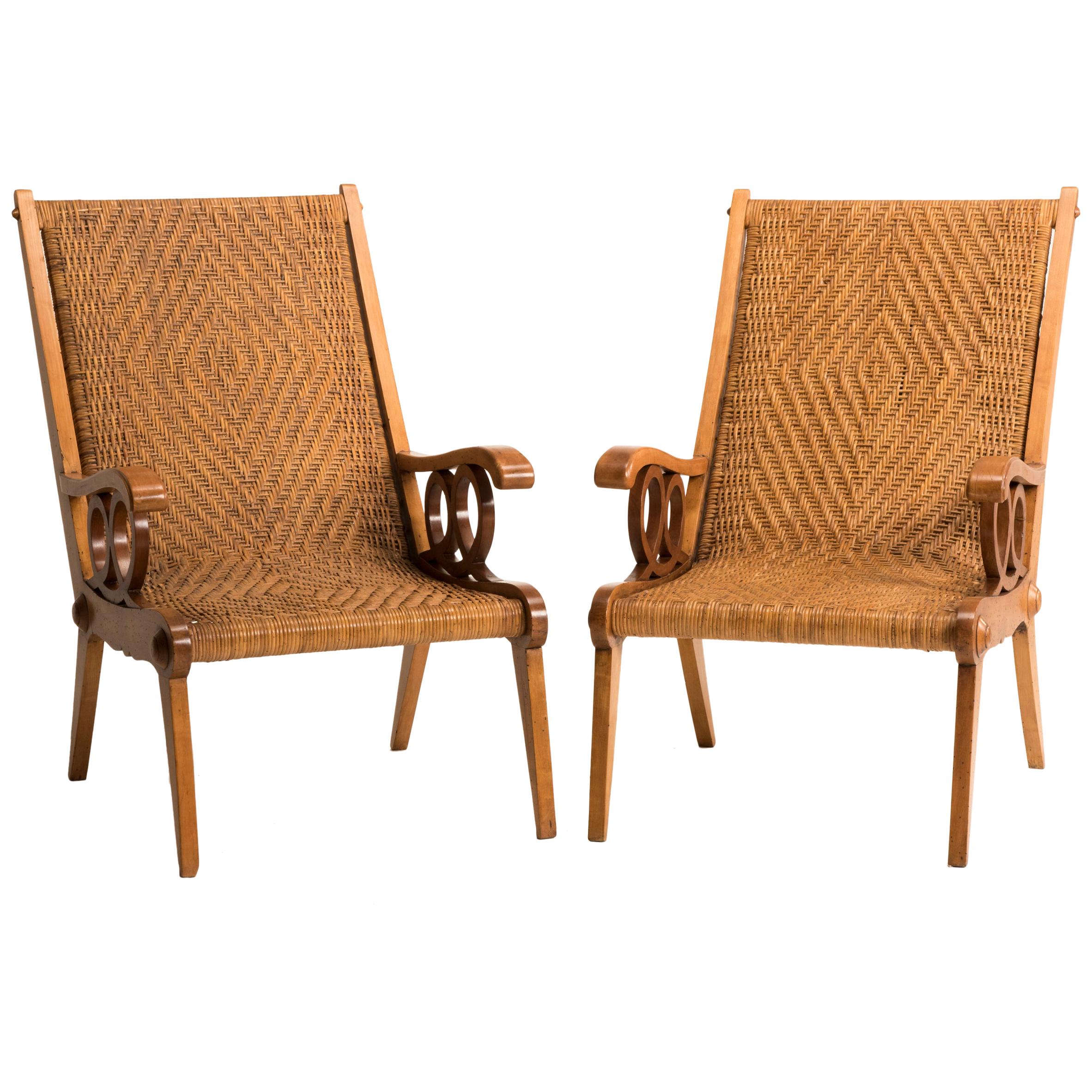 Midcentury Italian Wood and Original Woven Wicker Armchairs, Set of Two