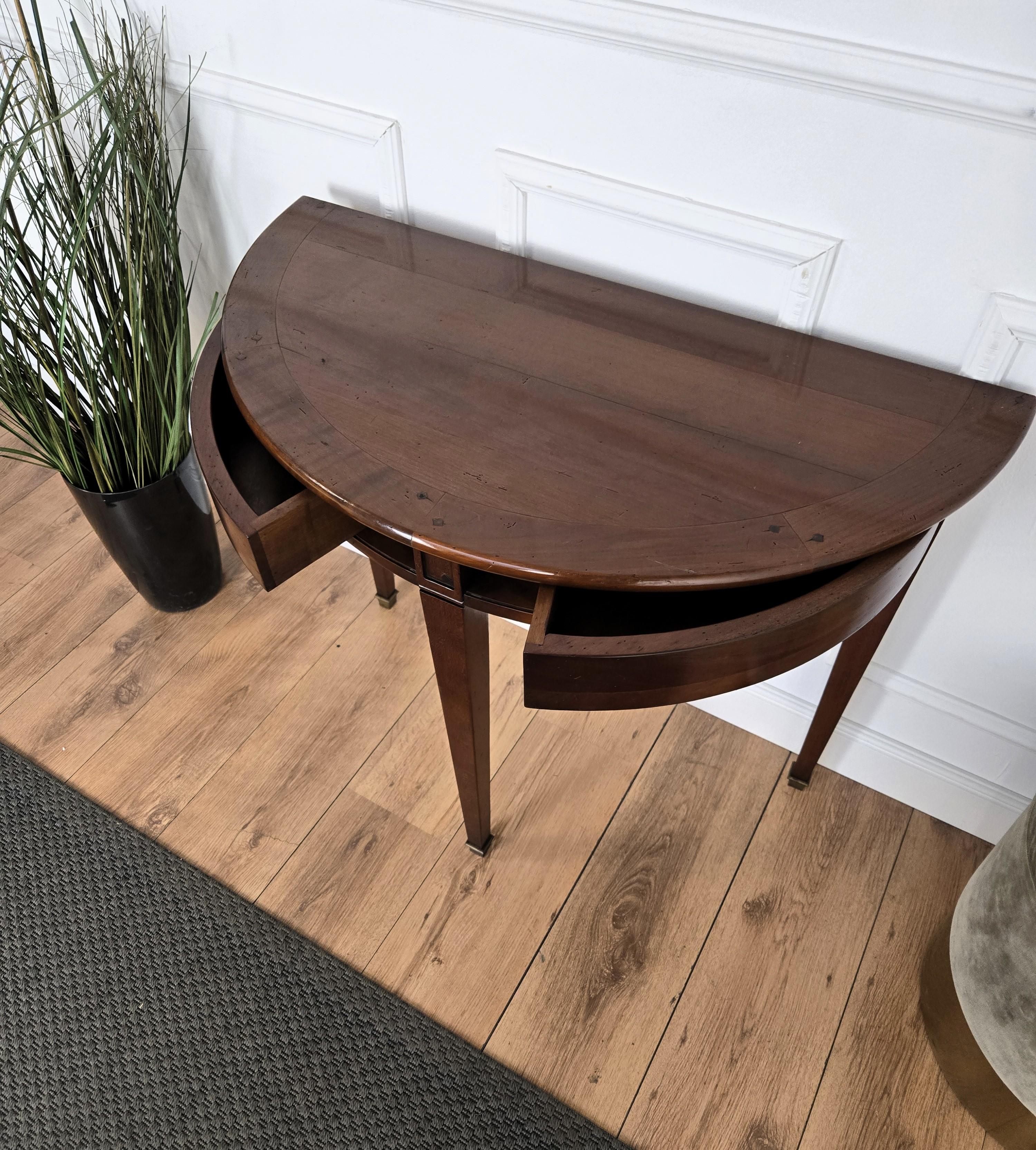 20ième siècle Mid-Century Italian Wood Demi Lune Wall Console Side Table with Hidden Drawers en vente