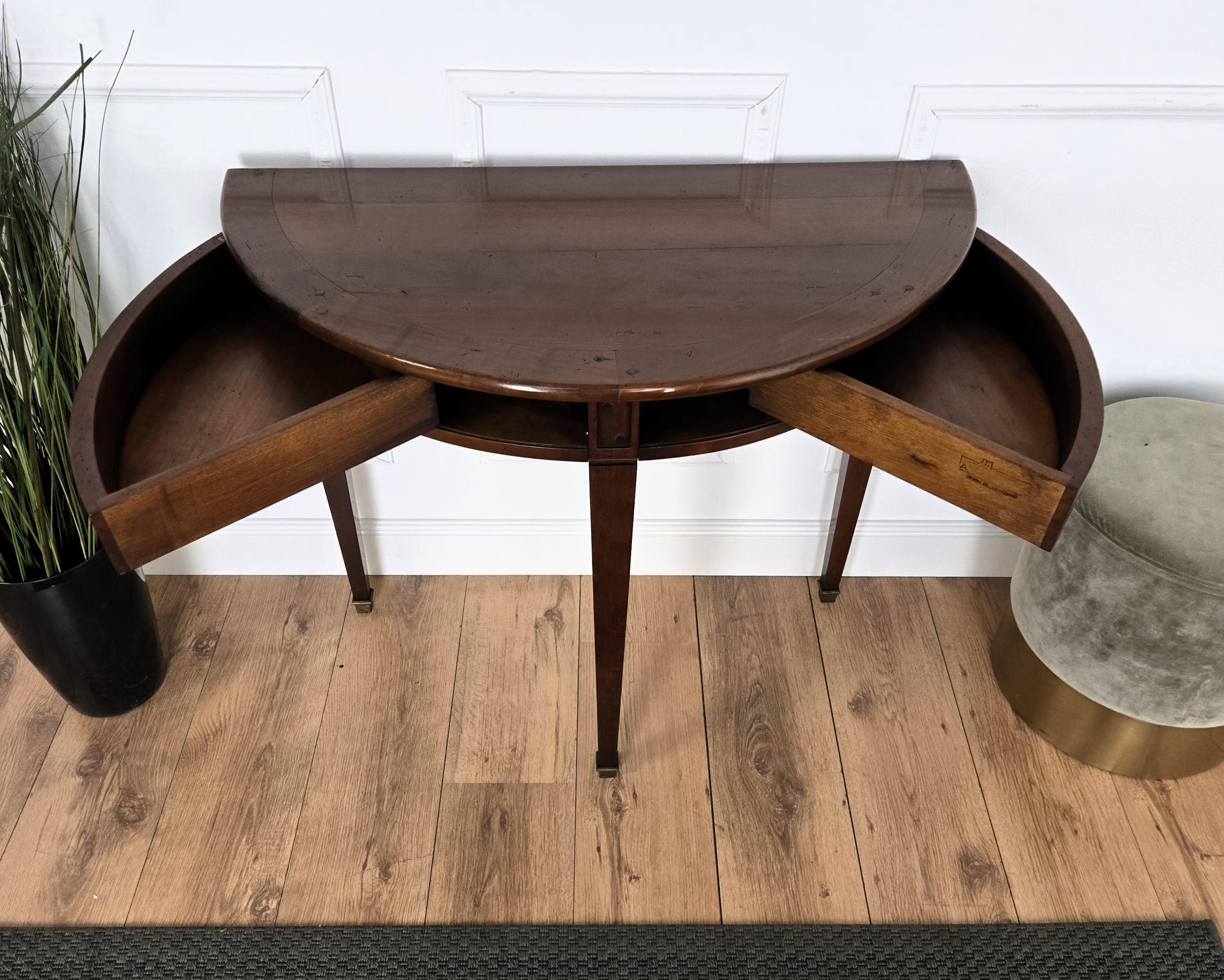 Bois Mid-Century Italian Wood Demi Lune Wall Console Side Table with Hidden Drawers en vente