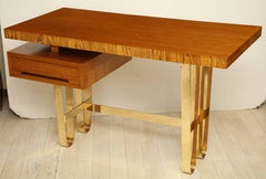 Midcentury Italian Wood Desk with Floating Drawer and Curvy Brass Base