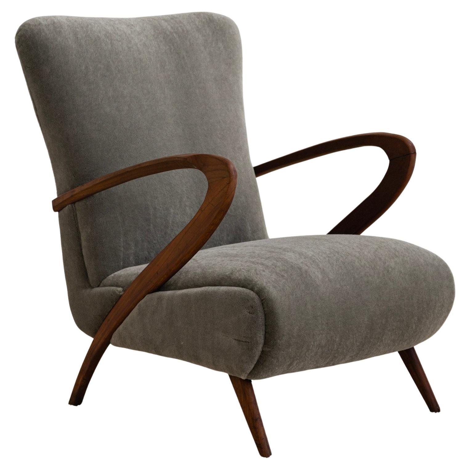 Mid-Century Italian Wood Frame Armchair in Slate Mohair