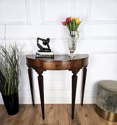 Mid-Century Italian Wood Inlay Demi Lune Wall Console Side Table