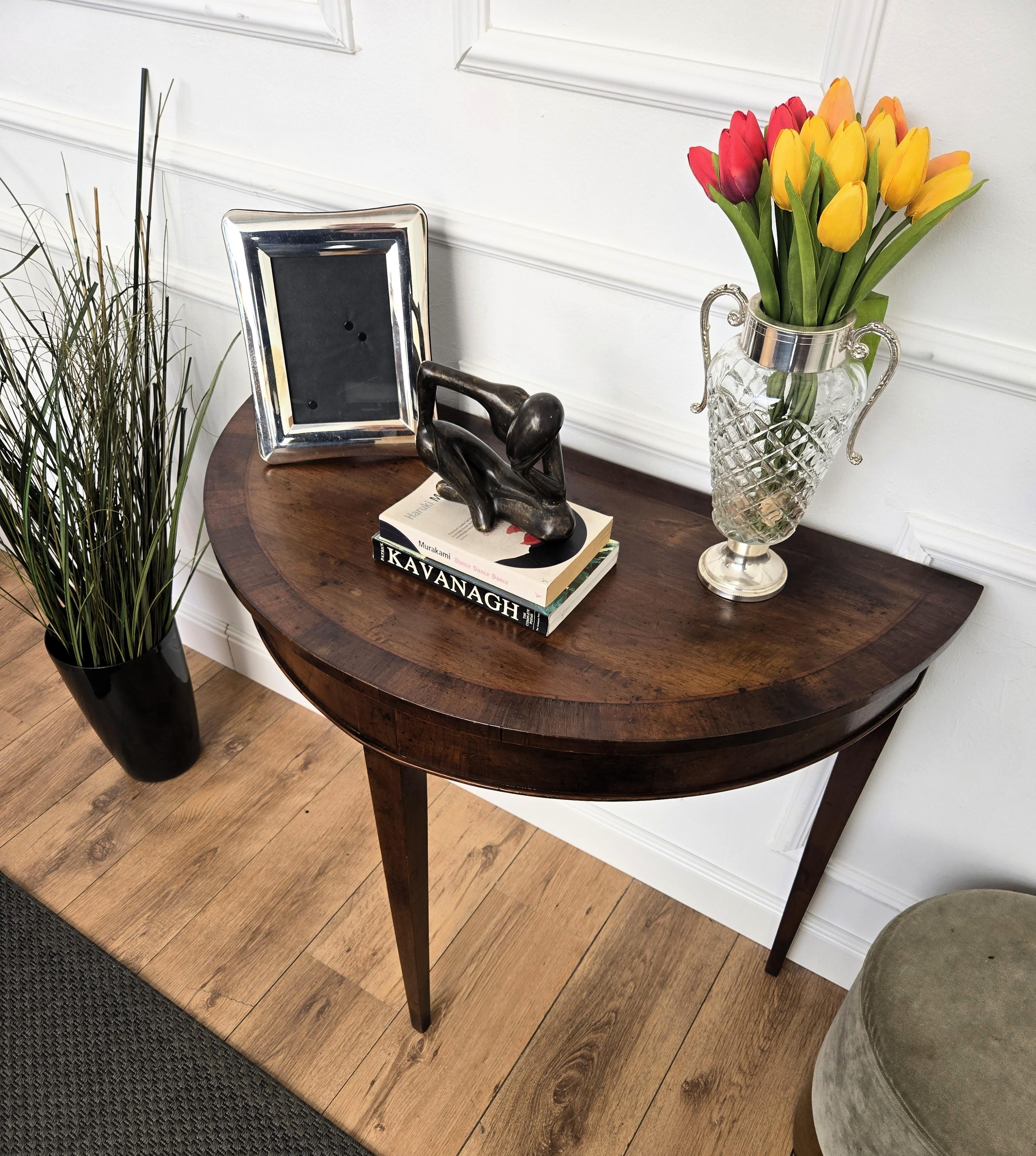 20th Century Mid-Century Italian Wood Inlay Demi Lune Wall Console Side Table For Sale