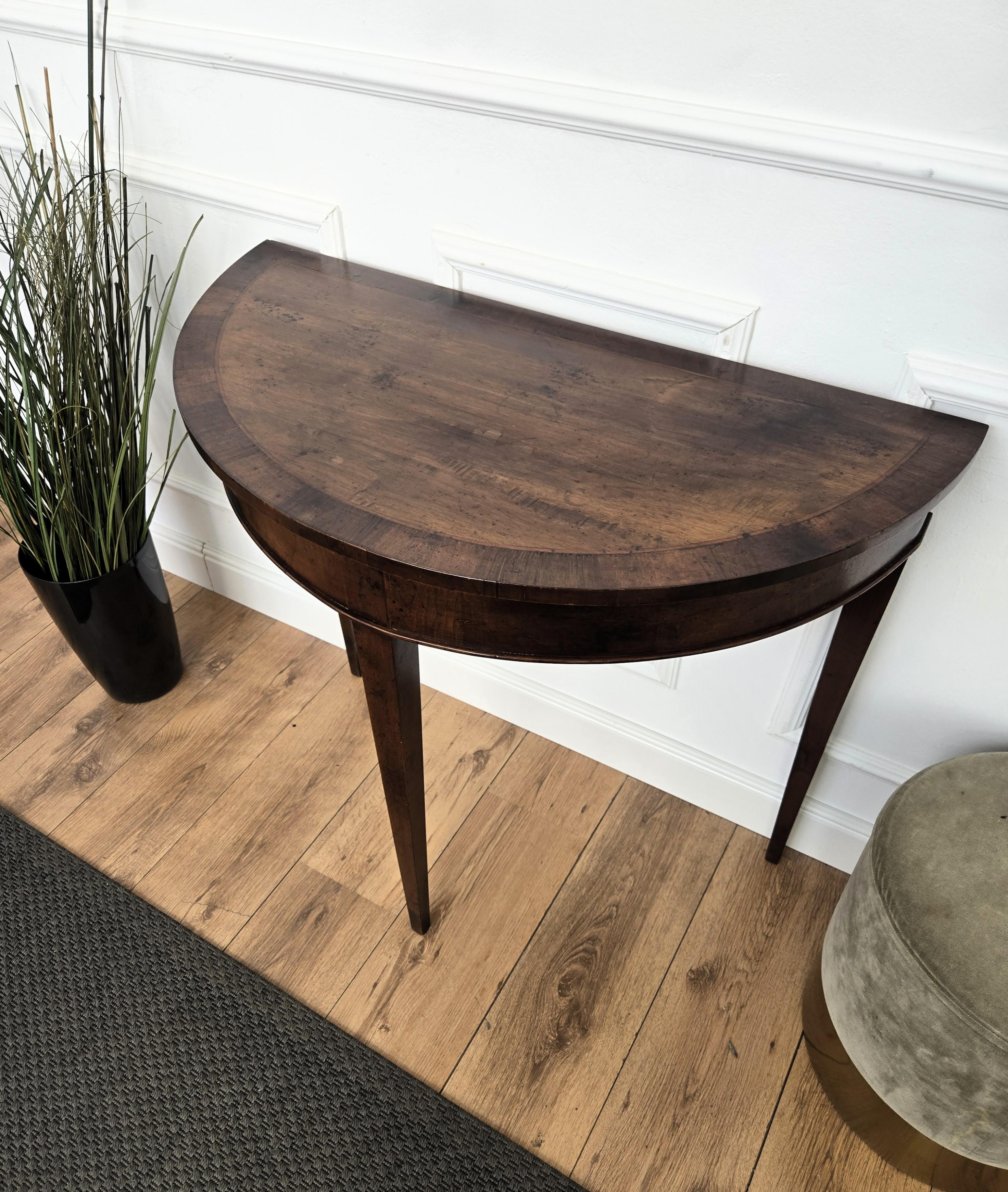 Mid-Century Italian Wood Inlay Demi Lune Wall Console Side Table For Sale 2