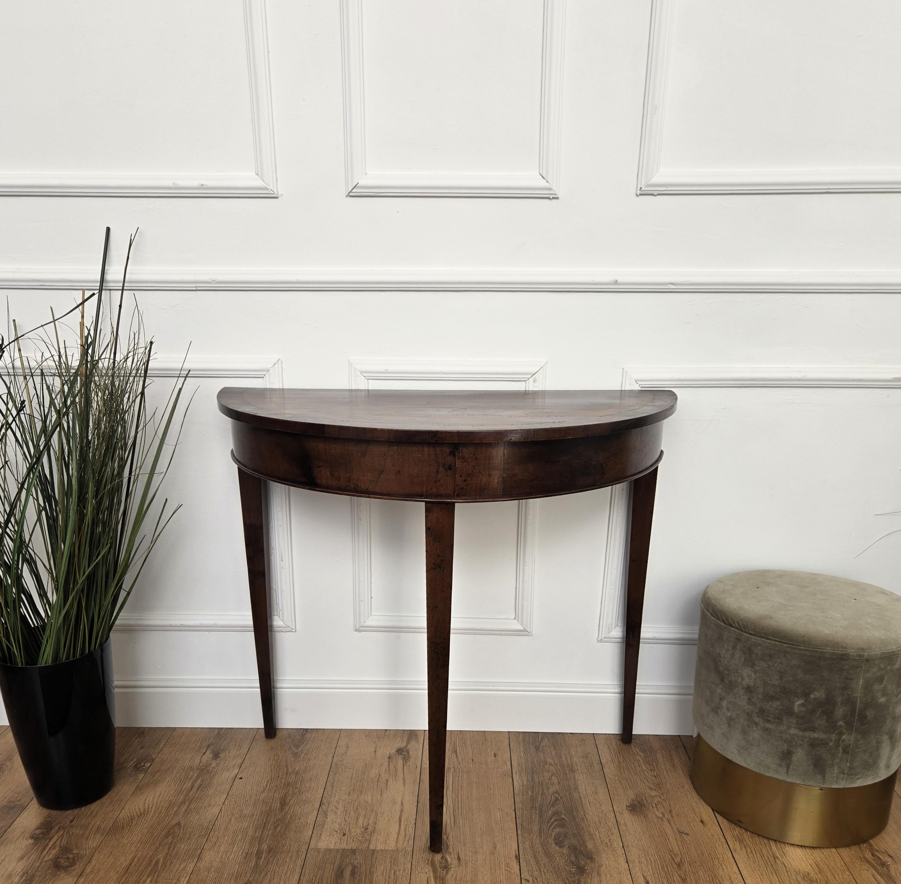 Mid-Century Italian Wood Inlay Demi Lune Wall Console Side Table For Sale 4