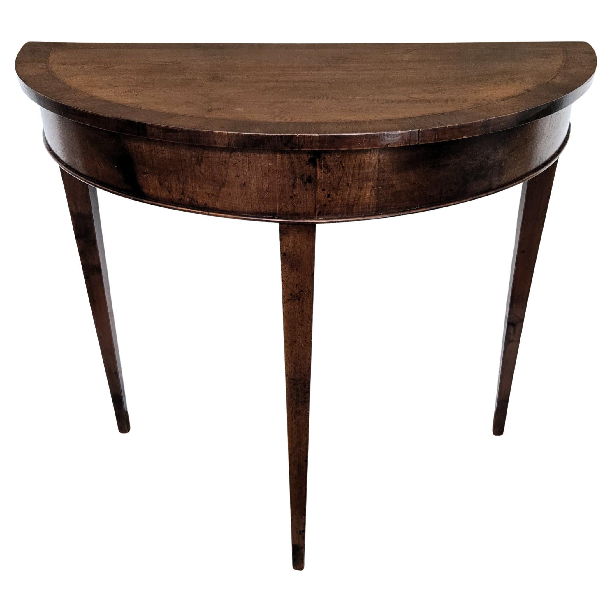 Mid-Century Italian Wood Inlay Demi Lune Wall Console Side Table For Sale