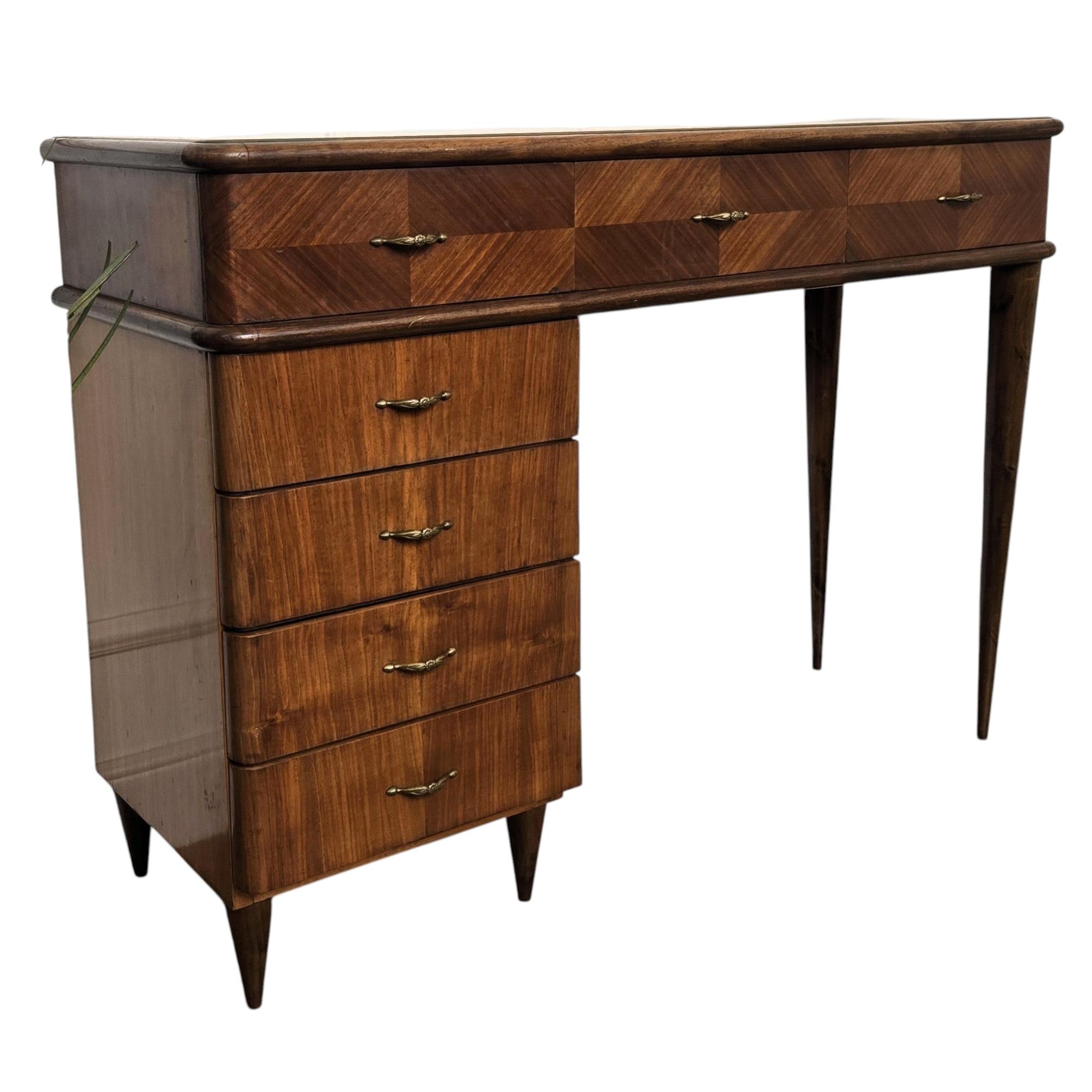 Mid-Century Italian Wood Inlay Glass Top Wall Console Desk Vanity Dressing Table For Sale