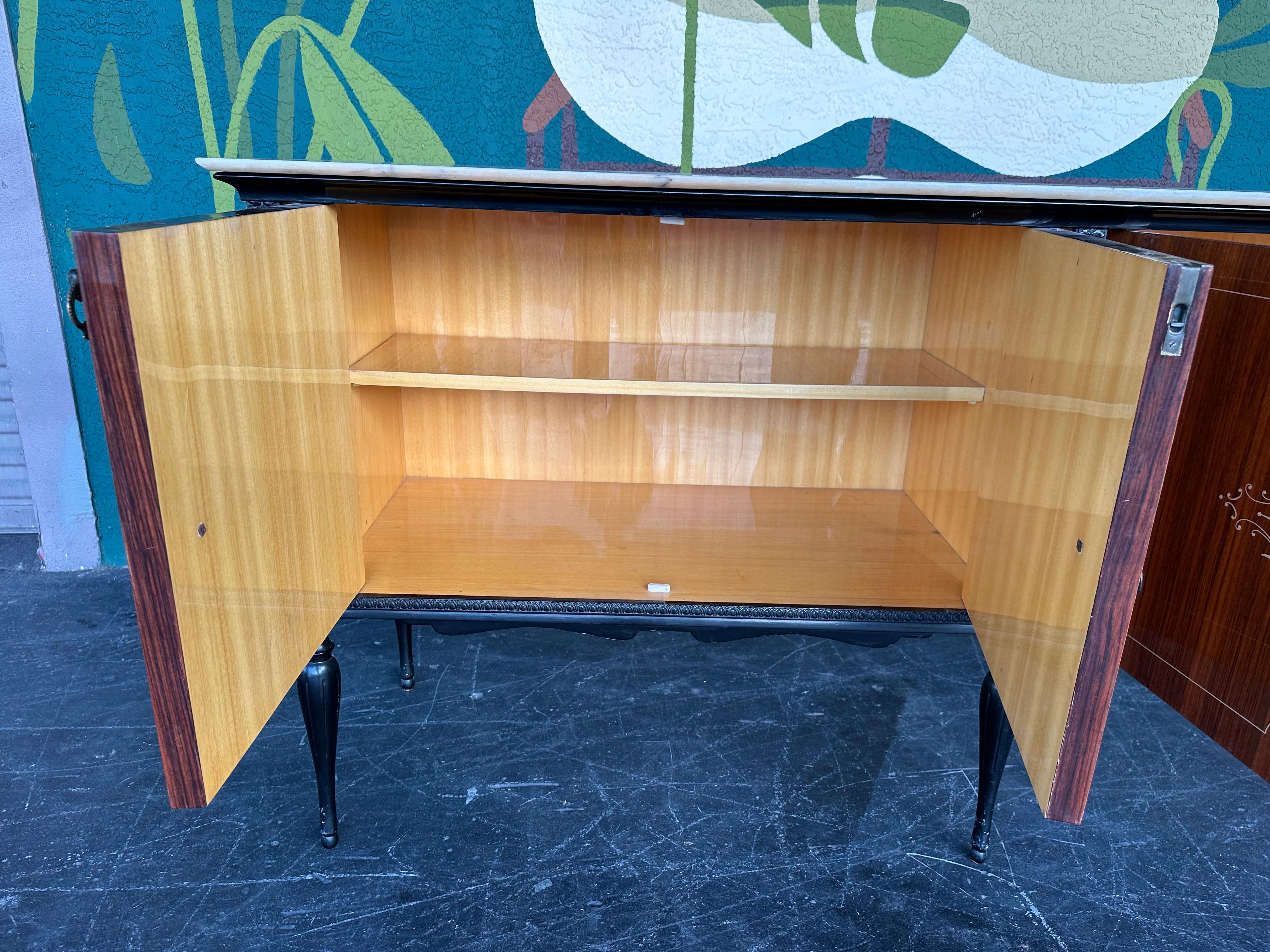 Mid Century Italian Wood Lacquer and Marble Credenza 110”L with Mirror 3