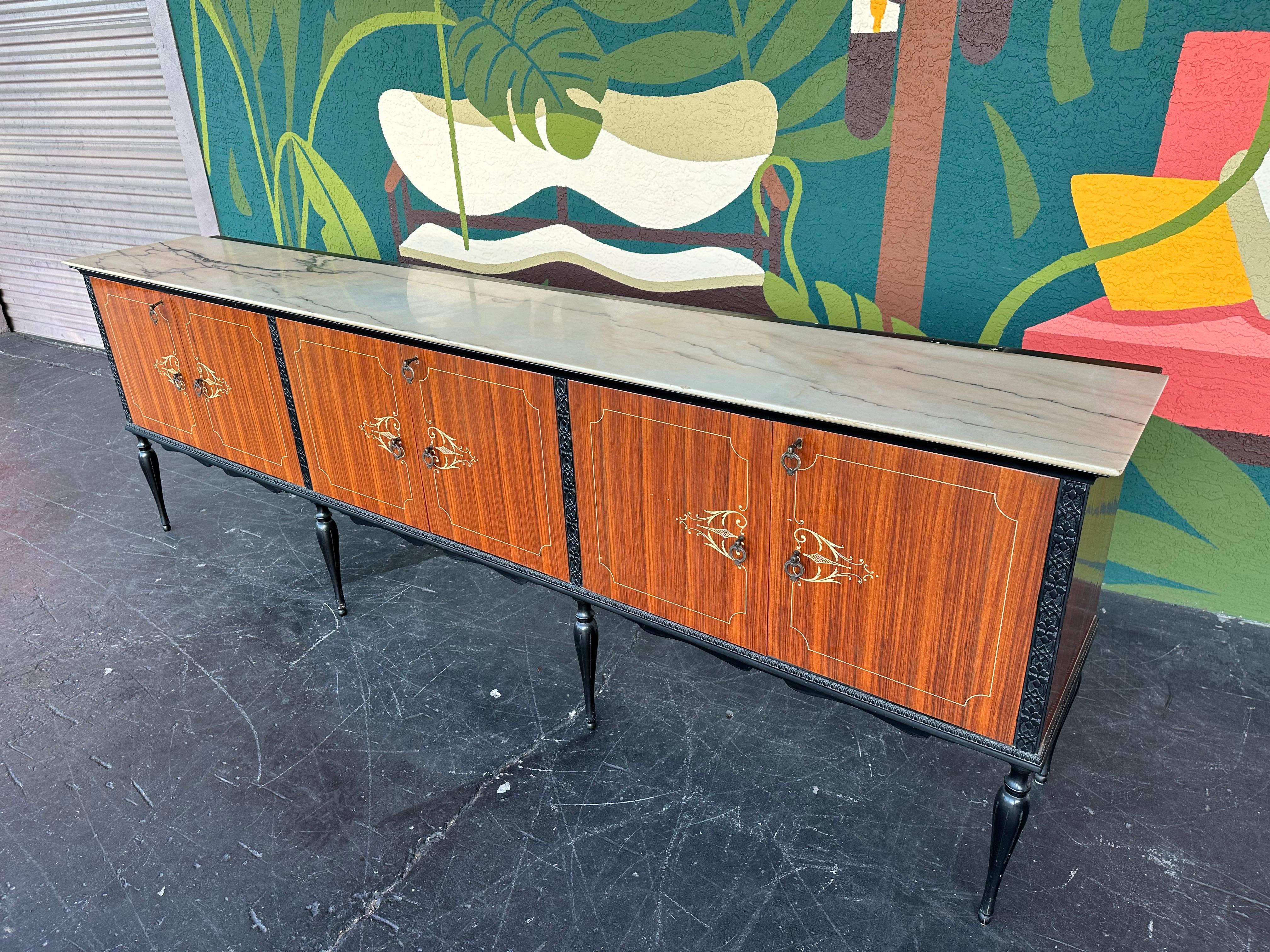 French Provincial Mid Century Italian Wood Lacquer and Marble Credenza 110”L with Mirror