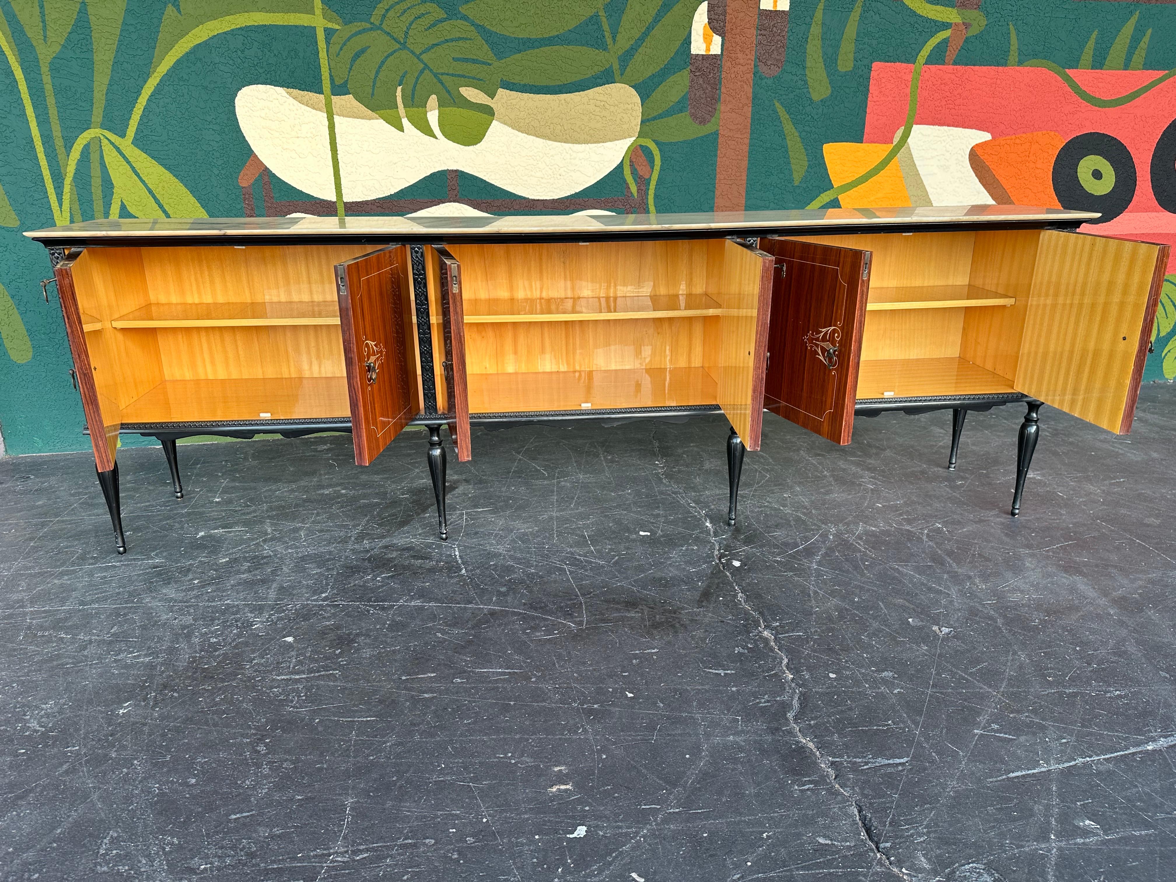 Brass Mid Century Italian Wood Lacquer and Marble Credenza 110”L with Mirror