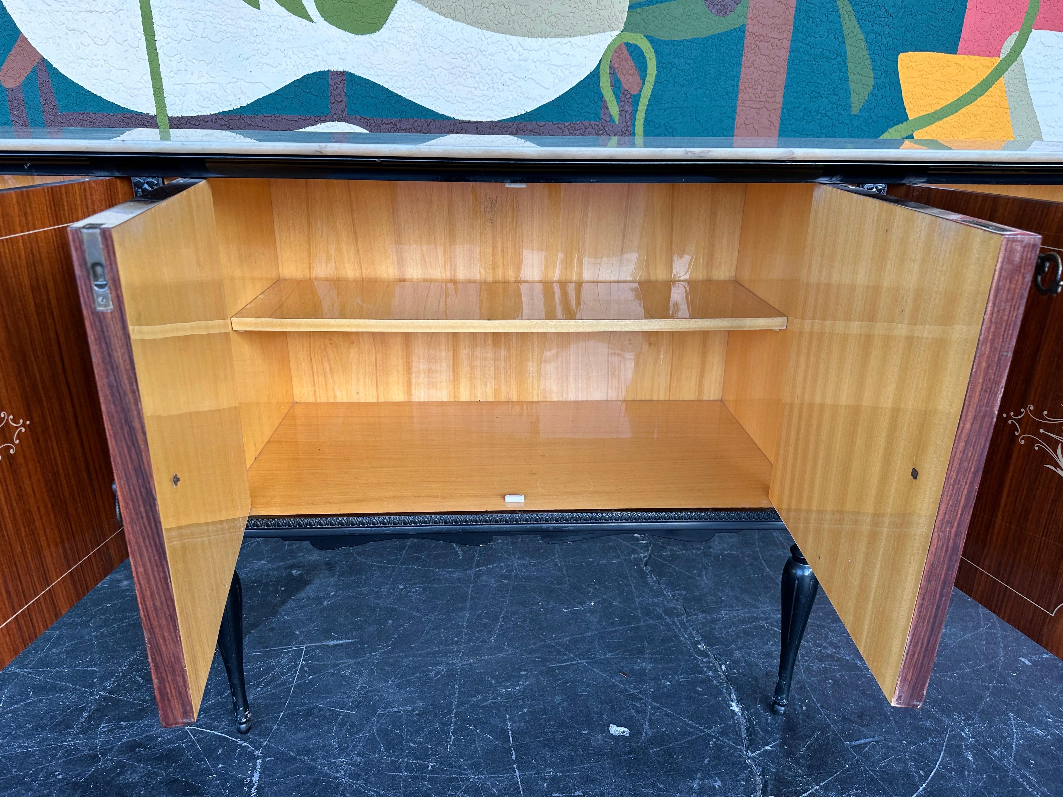 Mid Century Italian Wood Lacquer and Marble Credenza 110”L with Mirror 1