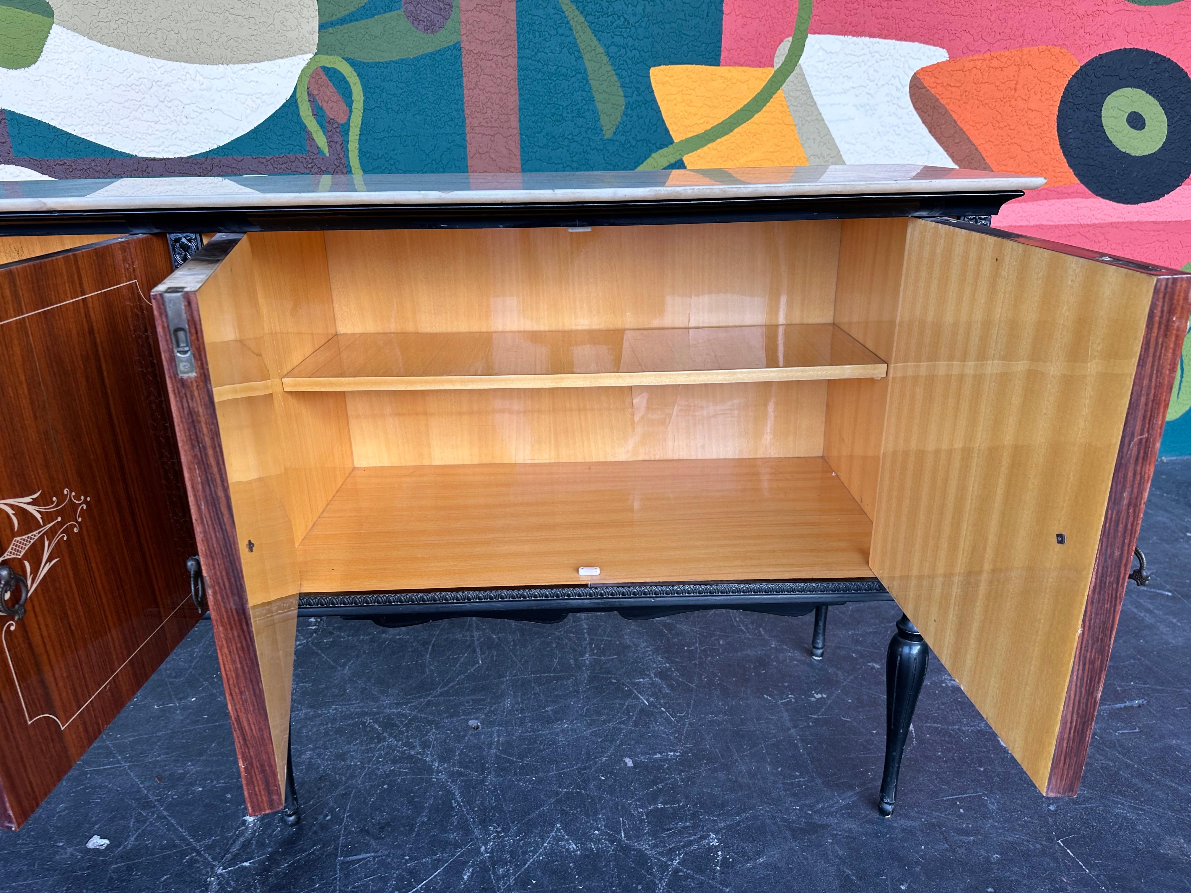 Mid Century Italian Wood Lacquer and Marble Credenza 110”L with Mirror 2