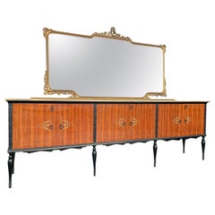Mid Century Italian Wood Lacquer and Marble Credenza 110”L with Mirror