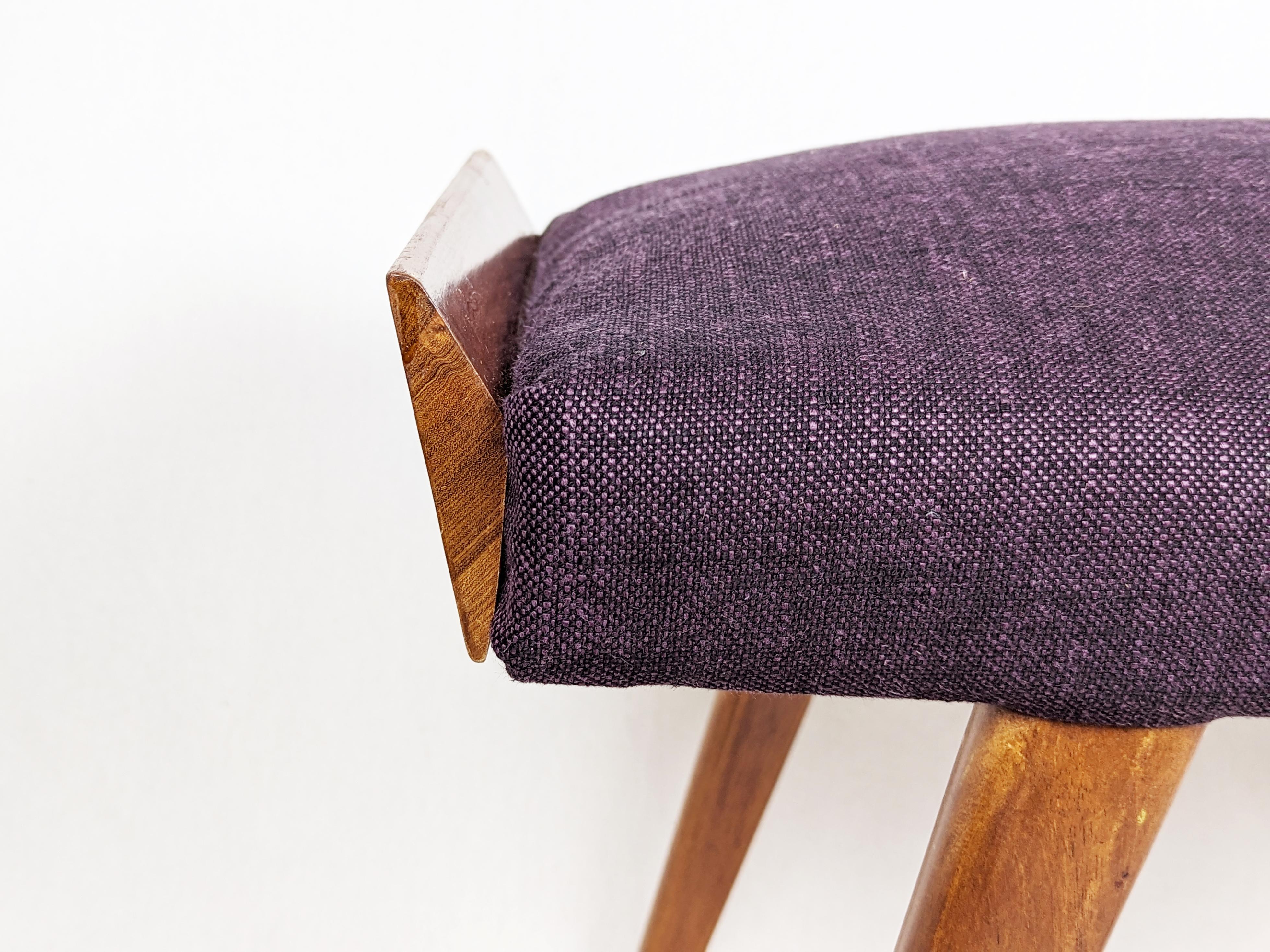 Mid-Century Italian wood & purple fabric Low Stool or Ottoman For Sale 1