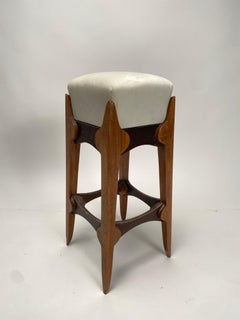 Mid-Century Italian wooden stool, velvet seat. 1950s