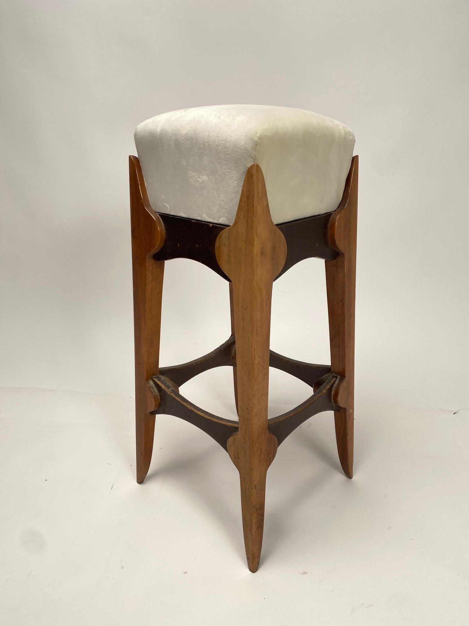 Velvet Mid-Century Italian wooden stool, velvet seat. 1950s For Sale
