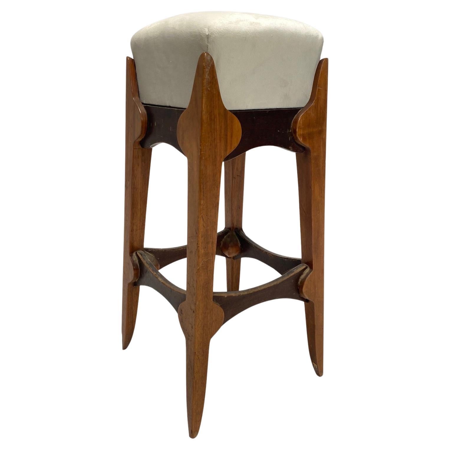 Mid-Century Italian wooden stool, velvet seat. 1950s For Sale