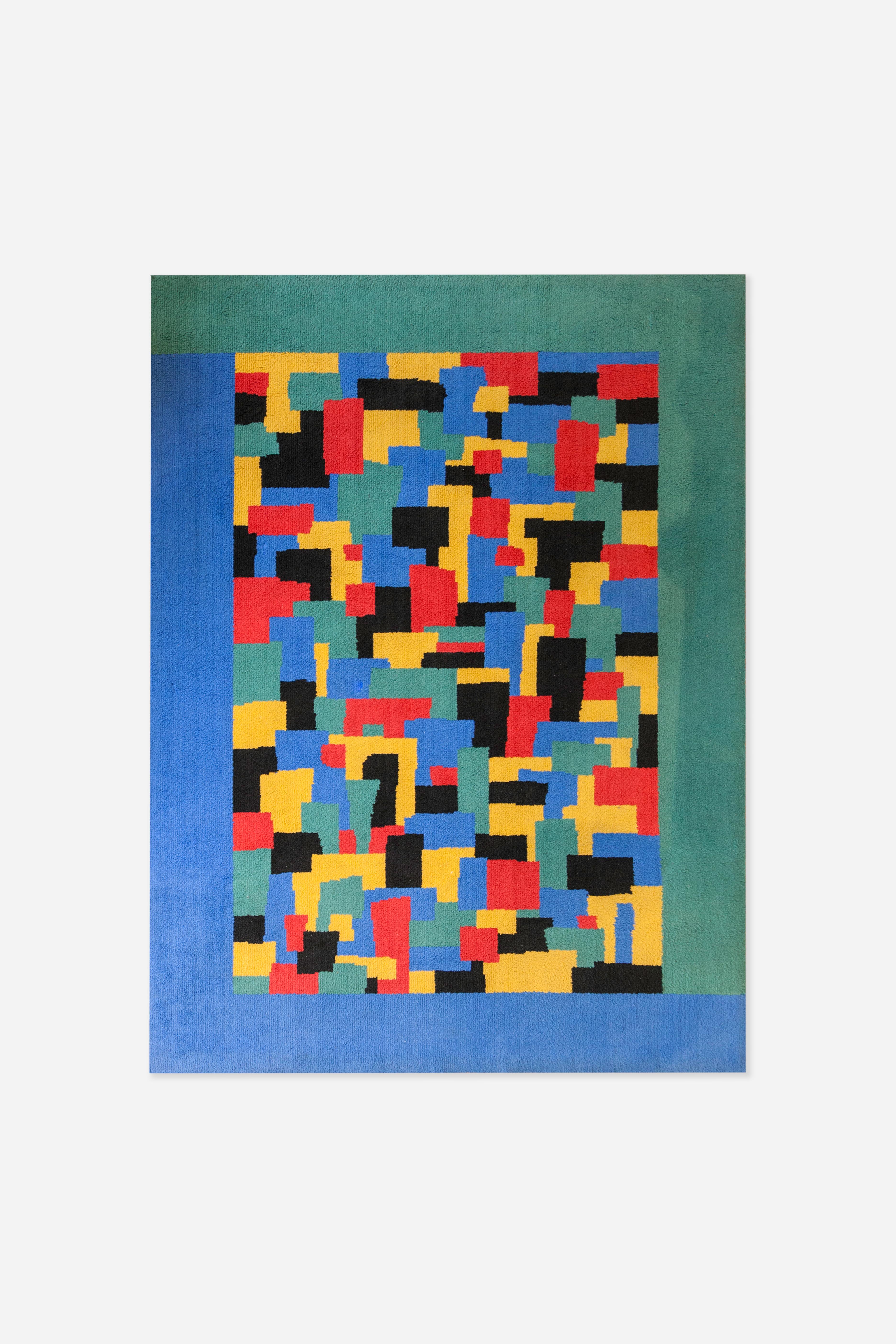 Tappeto in lana italiana di metà secolo con motivo geometrico anni '60, blu verde giallo In condizioni buone in vendita a Milano, IT