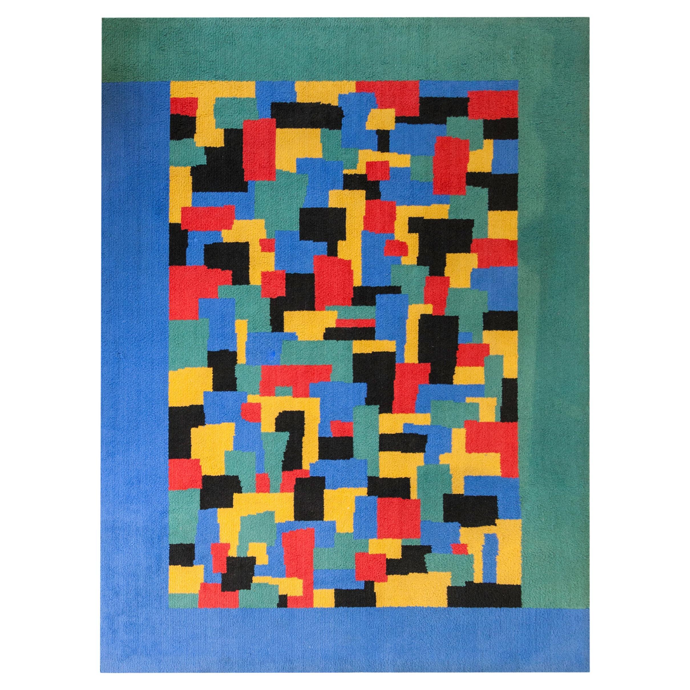 Tappeto in lana italiana di metà secolo con motivo geometrico anni
60, blu verde giallo