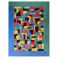 Tappeto in lana italiana di metà secolo con motivo geometrico anni
60, blu verde giallo