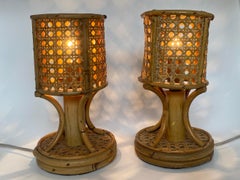 Hand-Crafted Mid-Century Modern Woven Rattan Table Lamps