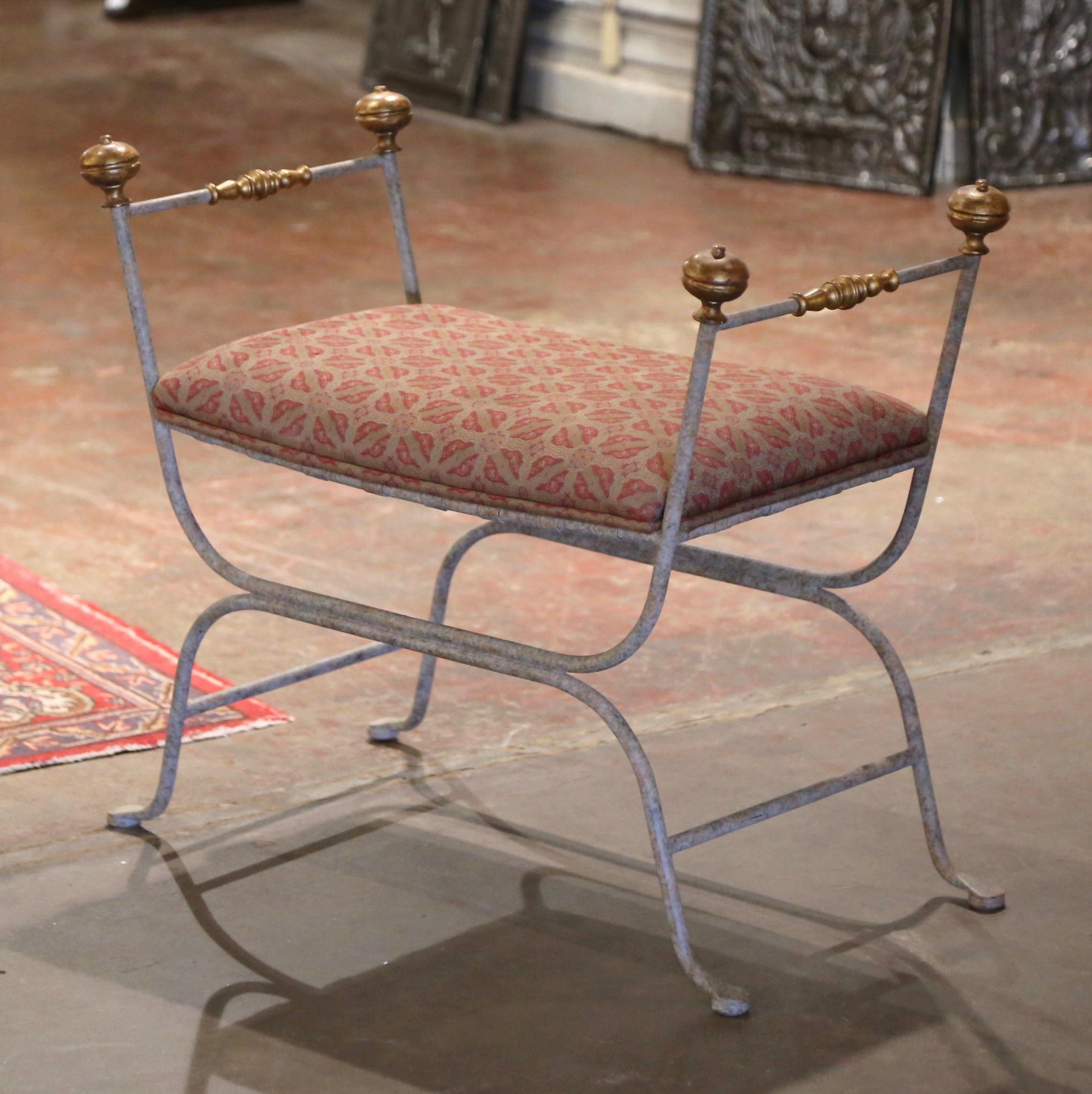 Mid-Century Italian Wrought Iron and Bronze Upholstered Curule Bench In Excellent Condition In Dallas, TX