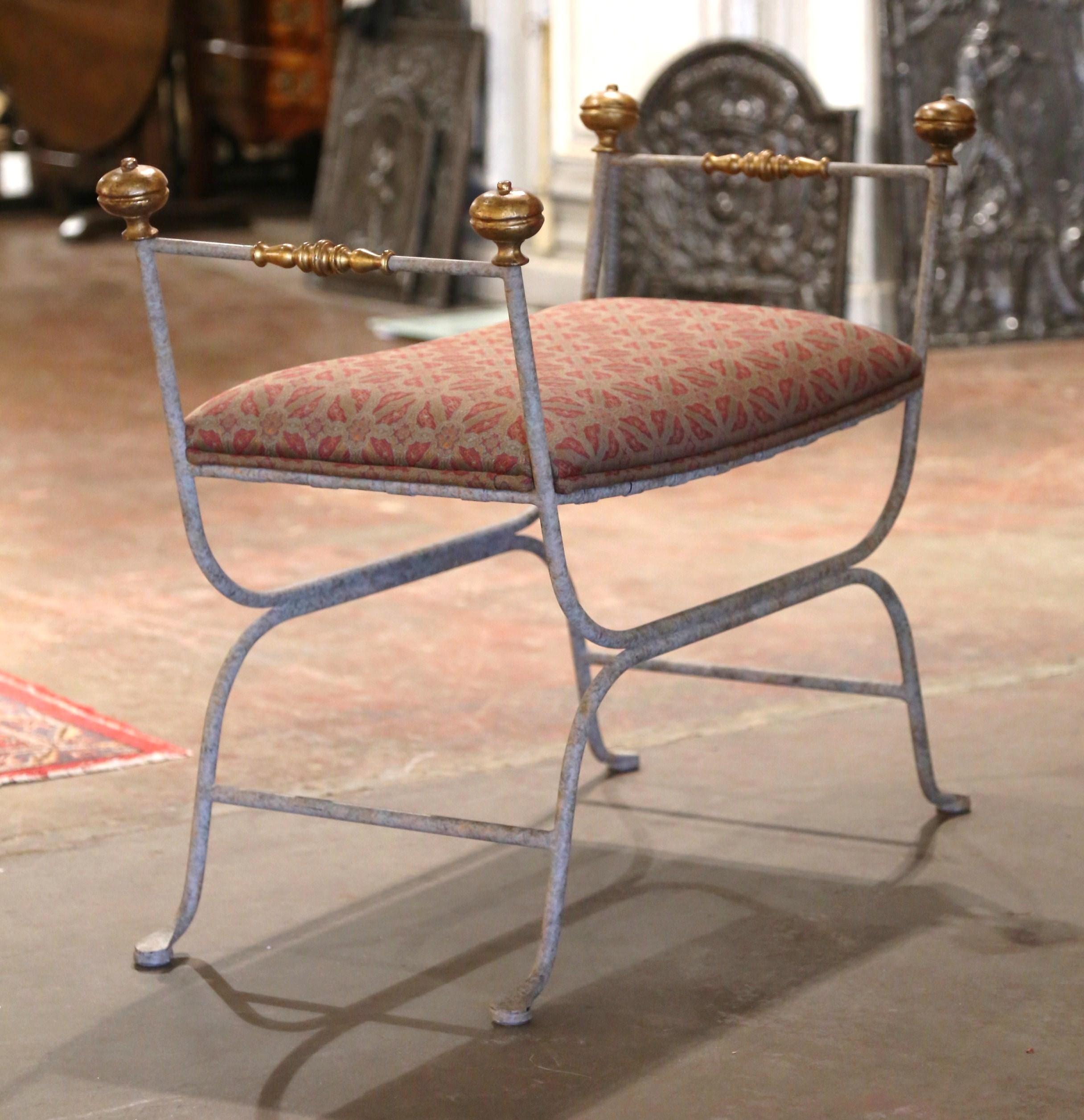 Mid-Century Italian Wrought Iron and Bronze Upholstered Curule Bench 1