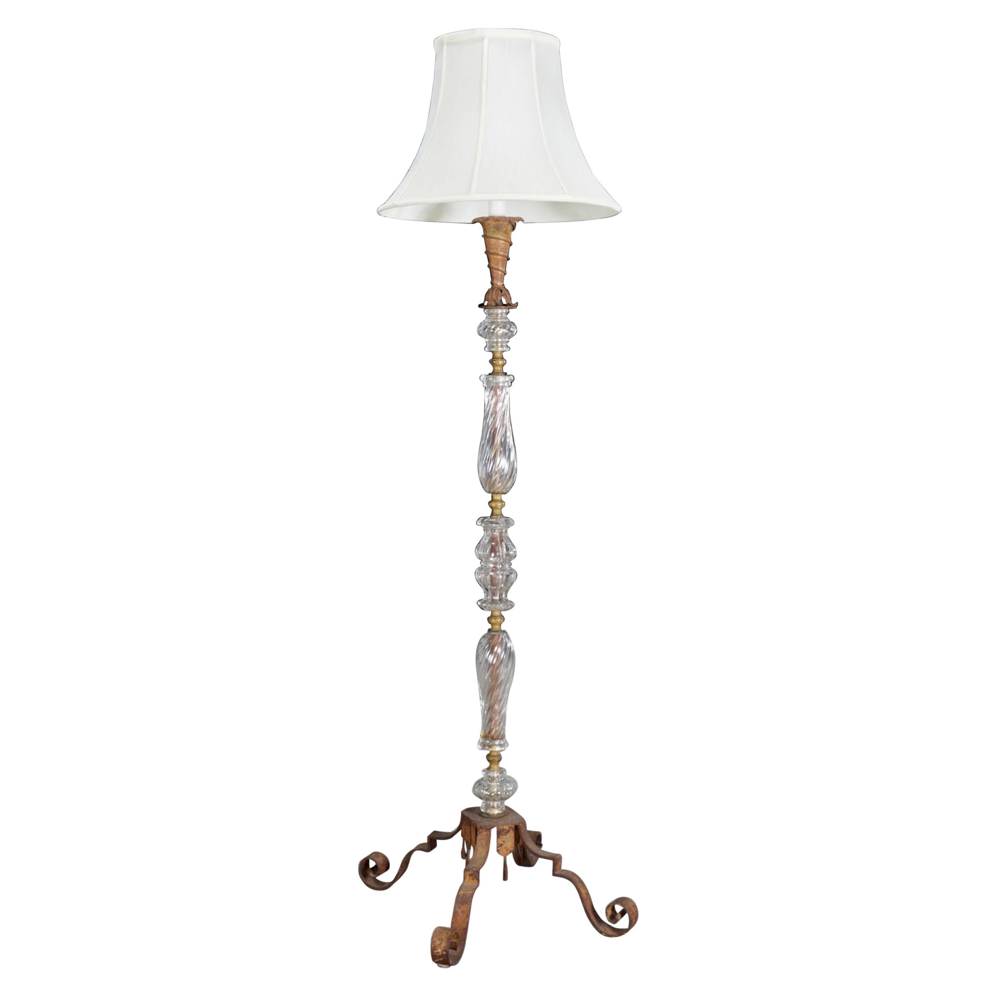 Mid-Century Italian Wrought Iron and Venetian Hand-Blown Glass Floor Lamp For Sale