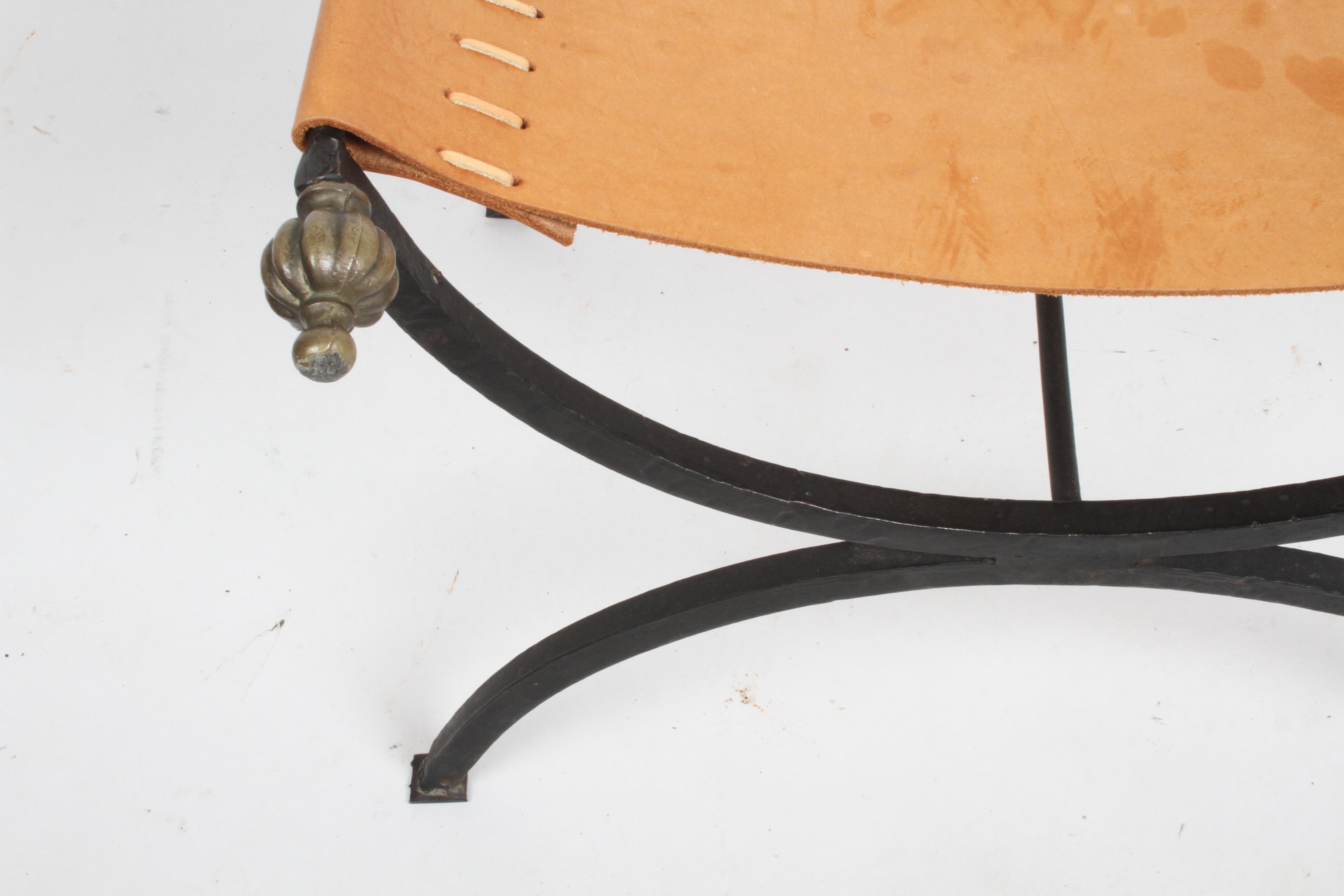 Mid-Century Italian Wrought Iron, Leather & Bronze Savonarola X Bench or Stool  For Sale 7
